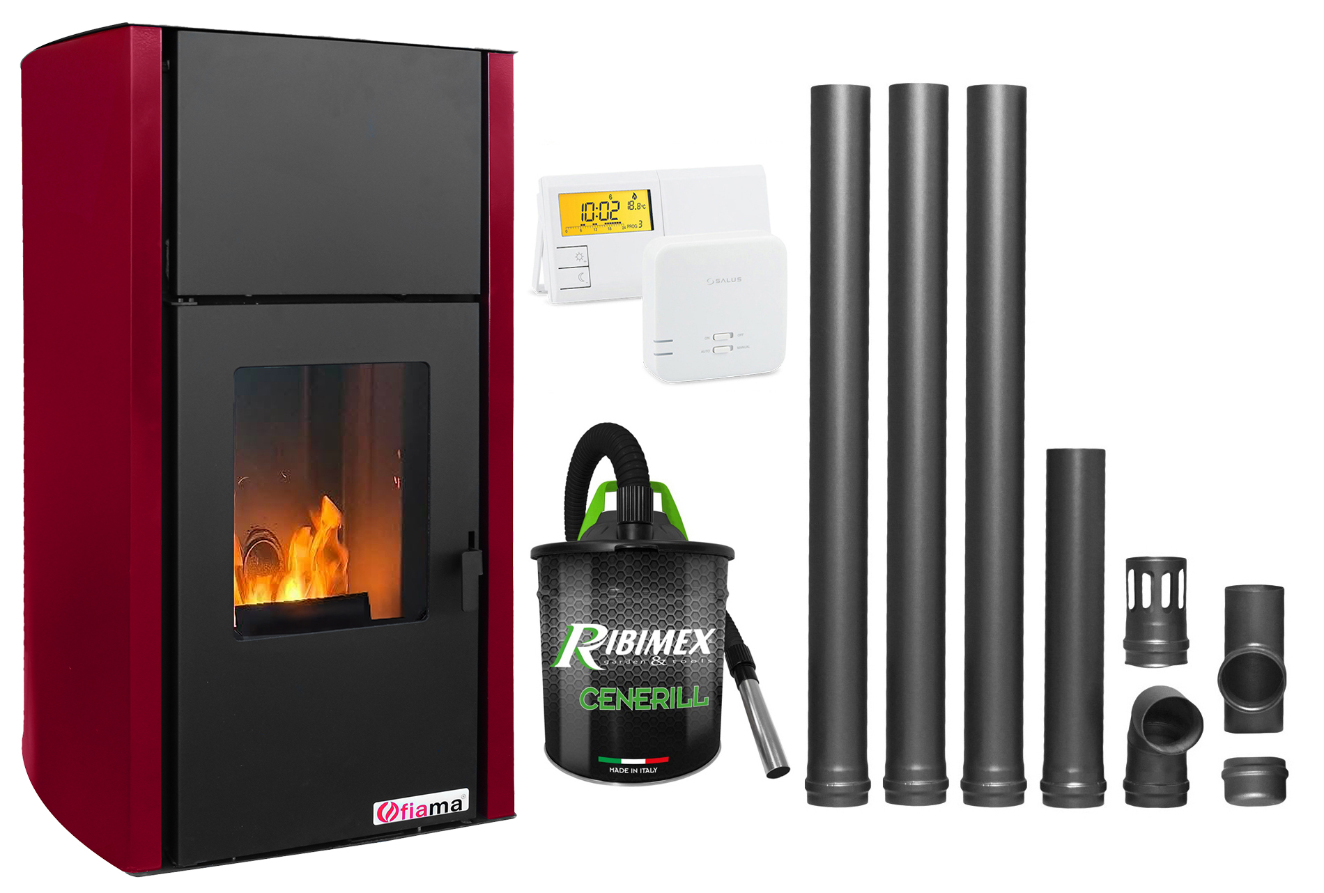 Pachet Termosemineu pe peleti Fiama Confort 25 kw, culoare Bordeaux, complet echipat pentru incalzire, Pompa, Vas expansiune, Automatizare, Termostat Radio Comanda Salus 091FLRFV2, Aspirator Cenusa si Kit evacuare 3.5 ml