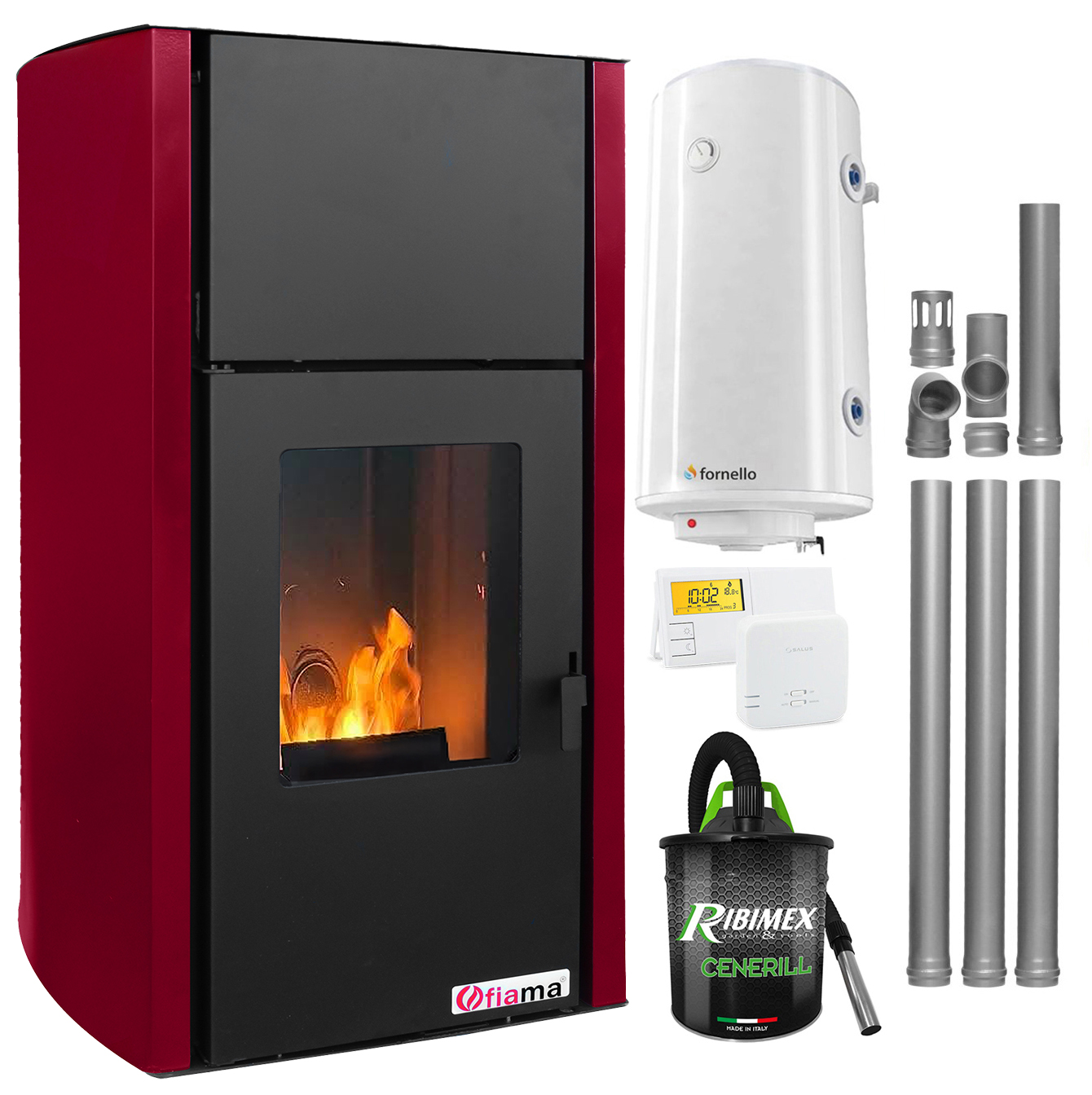 Pachet Termosemineu pe peleti Fiama Confort 25 kw, culoare Bordeaux, complet echipat pentru incalzire, Pompa, Vas expansiune, Automatizare, Boiler 100 litri, Termostat Salus 091FLRFV2, Aspirator Cenusa si Kit evacuare 3.5 ml