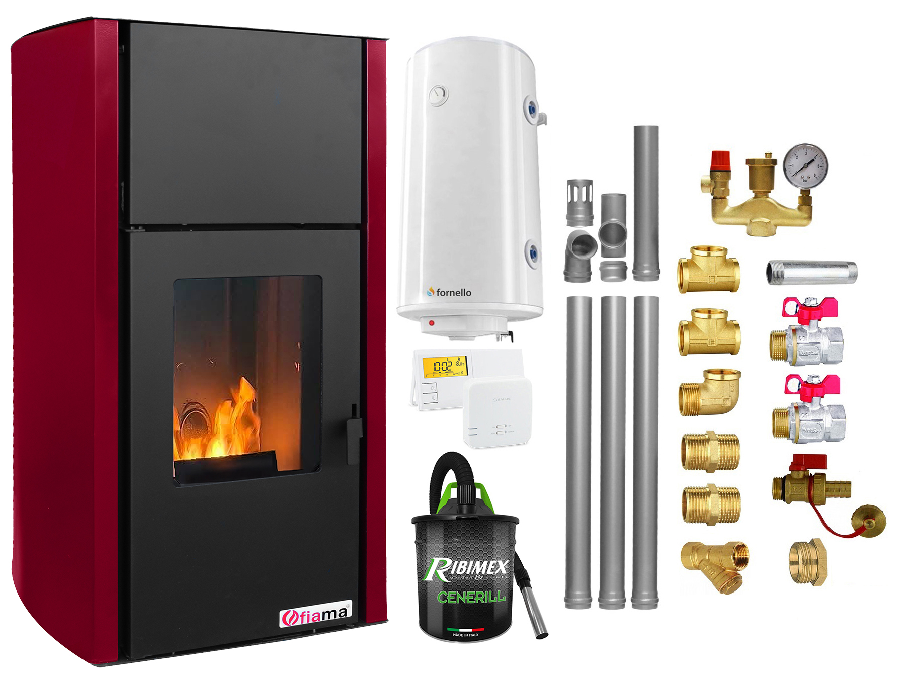 Pachet Termosemineu pe peleti Fiama Confort 25 kw, culoare Bordeaux, complet echipat pentru incalzire, Pompa, Vas expansiune, Automatizare, Boiler 100 litri, Termostat Salus 091FLRFV2, Aspirator, Kit evacuare 3.5 ml si Fitinguri montaj