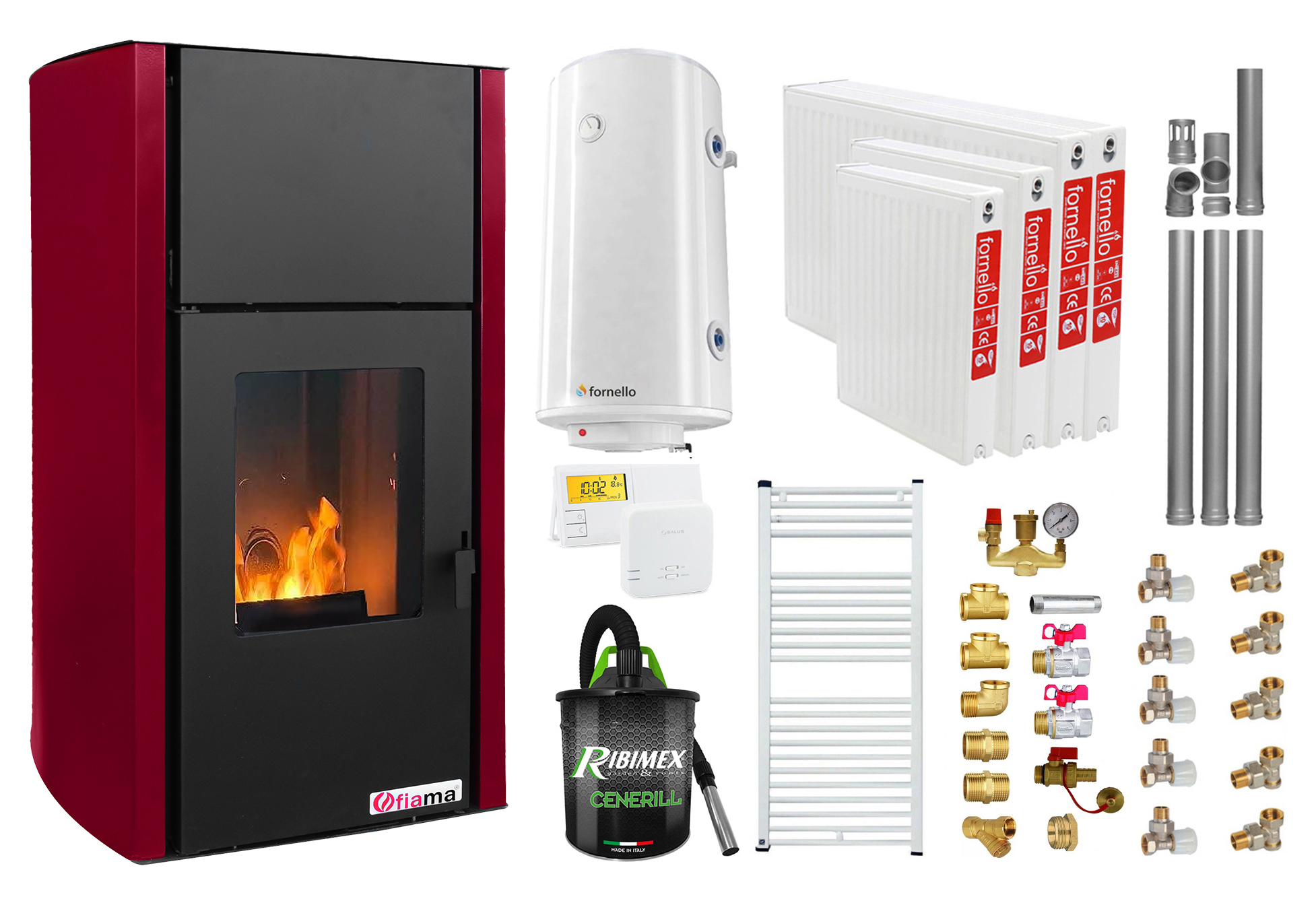 Pachet Termosemineu pe peleti Fiama Confort 25 kw, culoare Bordeaux, complet echipat pentru incalzire, Pompa, Vas expansiune, Automatizare, Radiatoare otel, Boiler 100 litri, Termostat, Aspirator, Kit 3.5 ml si Fitinguri montaj