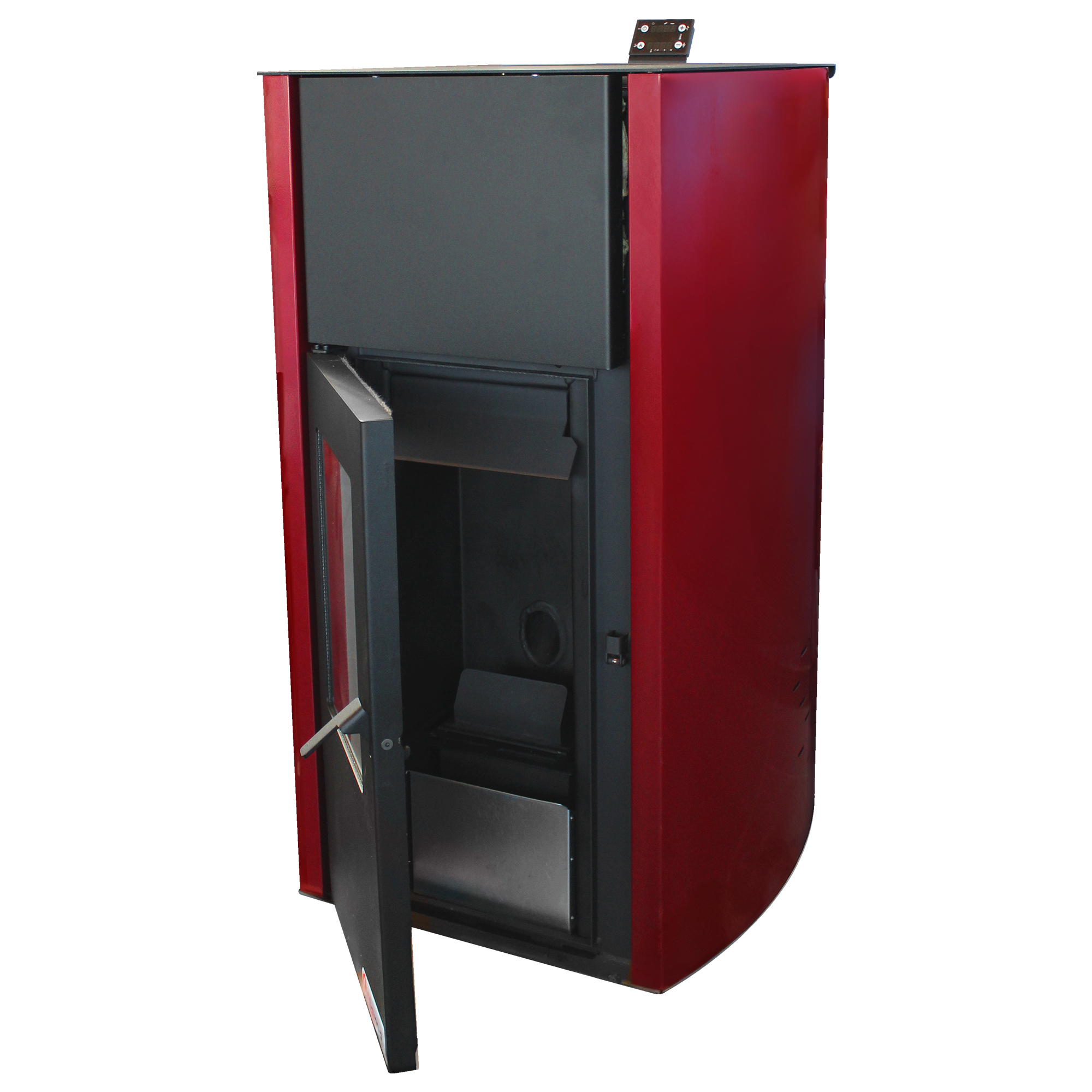 Pachet Termosemineu pe peleti Fornello Fiama Confort 25 kw culoare Bordeaux complet echipat pentru incalzire Pompa Vas expansiune Automatizare Radiatoare otel Boiler 100 litri Termostat Aspirator Kit 3.5 ml si Fitinguri montaj