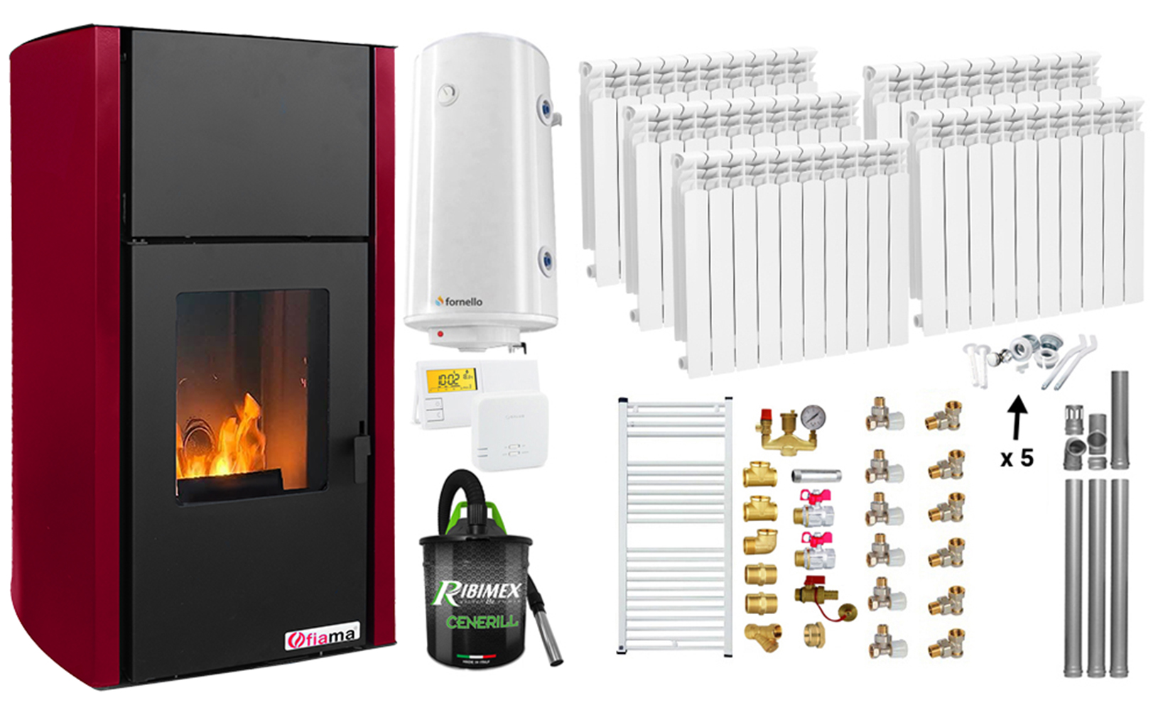Pachet Termosemineu pe peleti Fiama Confort 25 kw, culoare Bordeaux, Pompa, Vas expansiune, Automatizare, Calorifere aluminiu, Boiler 100 litri, Termostat, Aspirator, Kit 3.5 ml si Fitinguri montaj