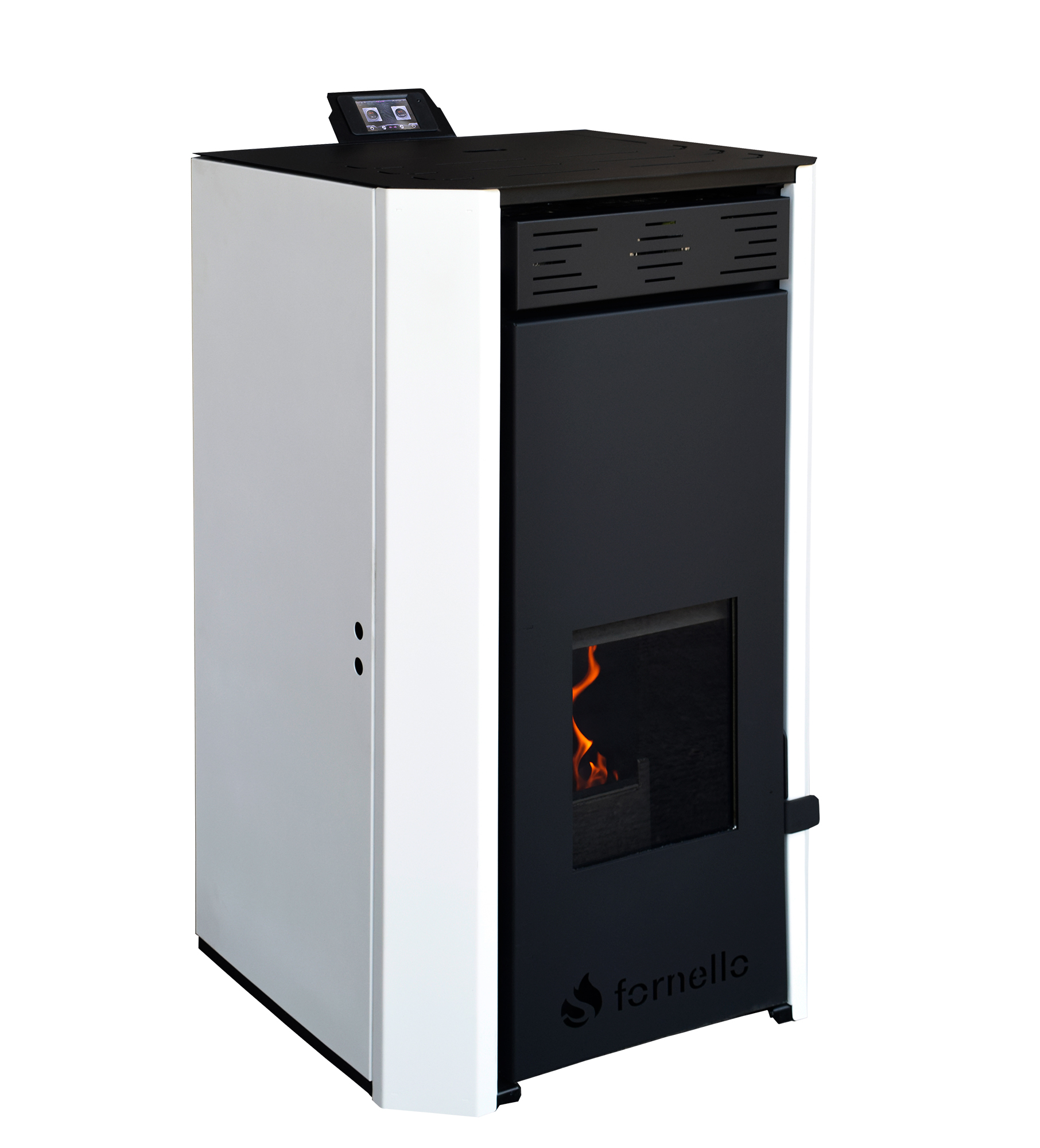 Pachet Termosemineu pe peleti Fornello EVA 30 KW pompa circulatie vas expansiune WI-FI buncar tiraj fortat kit evacuare 3.5 ml termostat aspirator boiler 100L si Fitinguri montaj