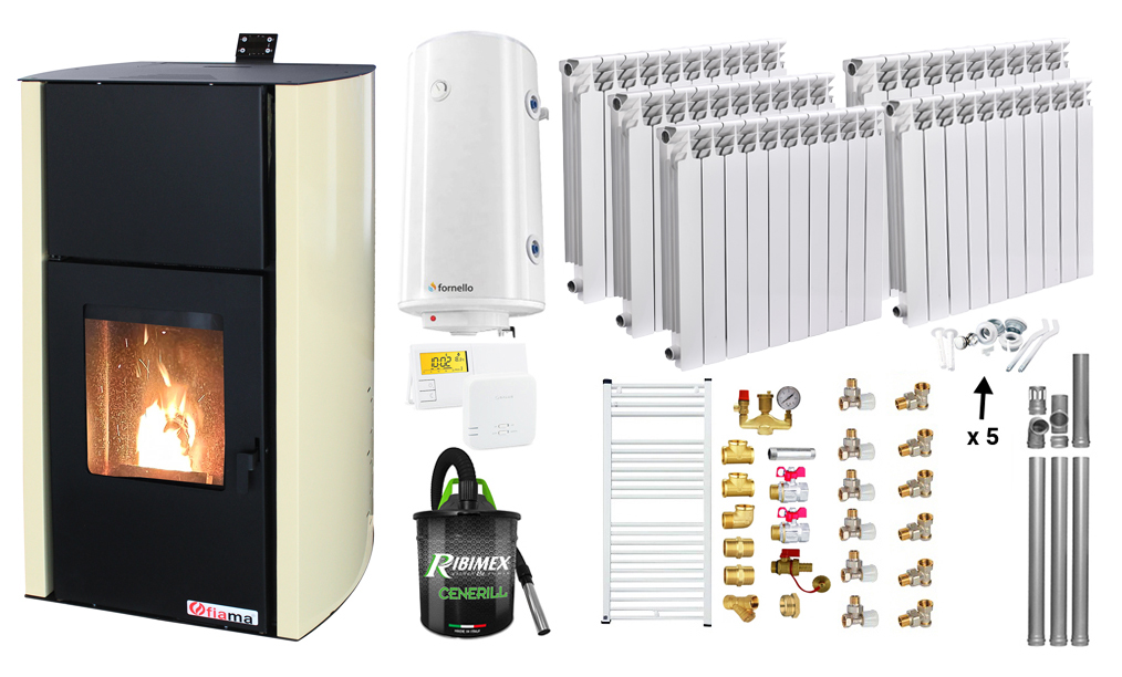Pachet Termosemineu pe peleti Fornello Fiama Confort 25 kw, Pompa, Vas expansiune, Automatizare, Calorifere aluminiu Fornello Alvo, Boiler 100 litri, Termostat, Aspirator, Kit 3.5 ml si Fitinguri montaj