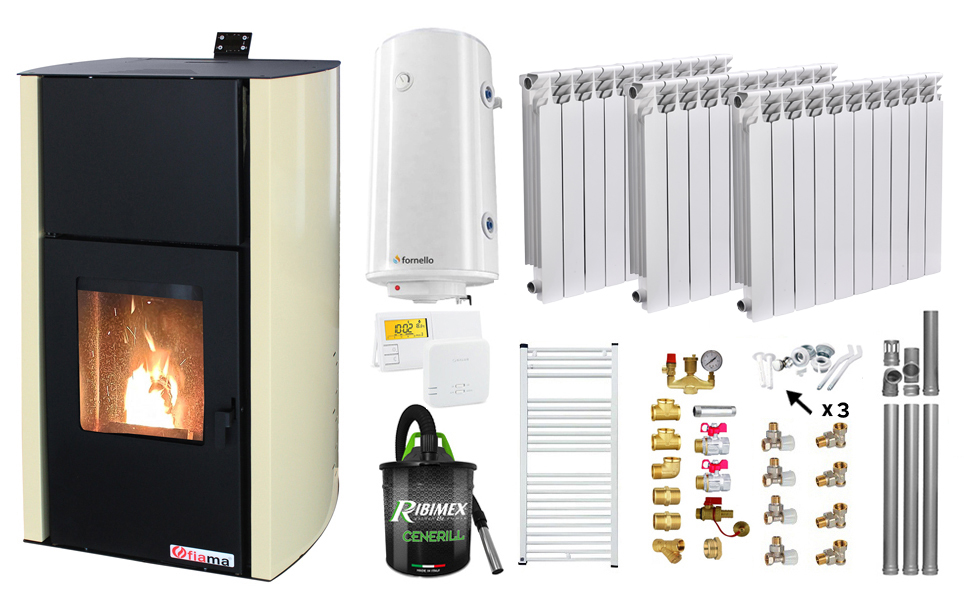 Pachet Termosemineu pe peleti Fornello Fiama Confort 12 kw, Pompa, Vas expansiune, Automatizare, Calorifere aluminiu Fornello Alvo, Boiler 100 litri, Termostat, Aspirator, Kit 3.5 ml si Fitinguri montaj