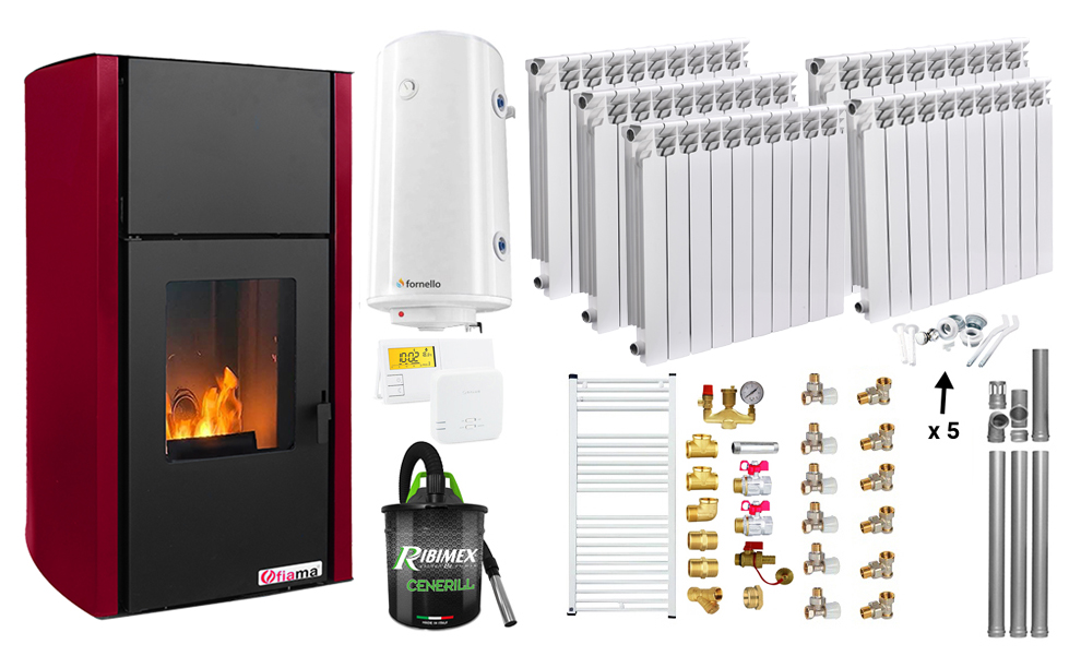 Pachet Termosemineu pe peleti Fornello Fiama Confort 25 kw, culoare Bordeaux, Pompa, Vas expansiune, Automatizare, Calorifere aluminiu Fornello Alvo, Boiler 100 litri, Termostat, Aspirator, Kit 3.5 ml si Fitinguri montaj