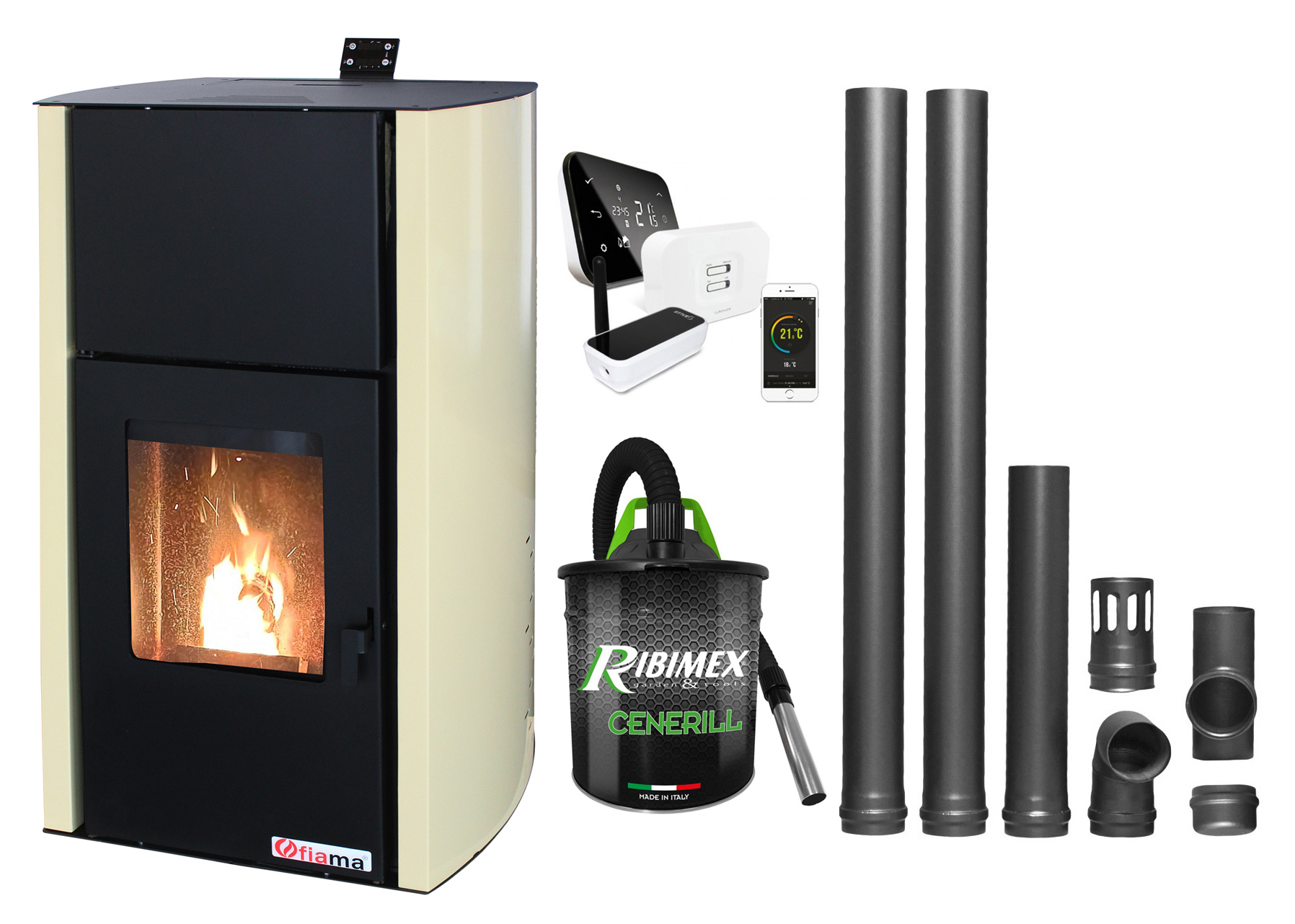 Pachet control de la distanta Termosemineu pe peleti Fornello Fiama Confort 30 kW, cu pompa, vas expansiune, automatizare, termostat, aspirator, kit evacuare 2.5 ml, buncar 35 kg, tiraj fortat, culoare crem, pana la 200 mp