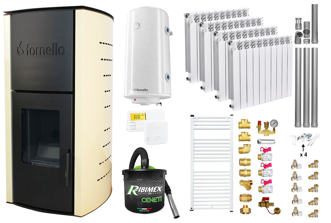 Pachet Termosemineu pe peleti Fornello Royal Ivory 18 kW, complet echipat cu pompa, vas expansiune, automatizare, culoare crem, Calorifere aluminiu Fornello Alvo, Boiler, kit evacuare 3.5 ml, Aspirator Cenusa, Termostat Salus 091FLRFV2 si Fitinguri