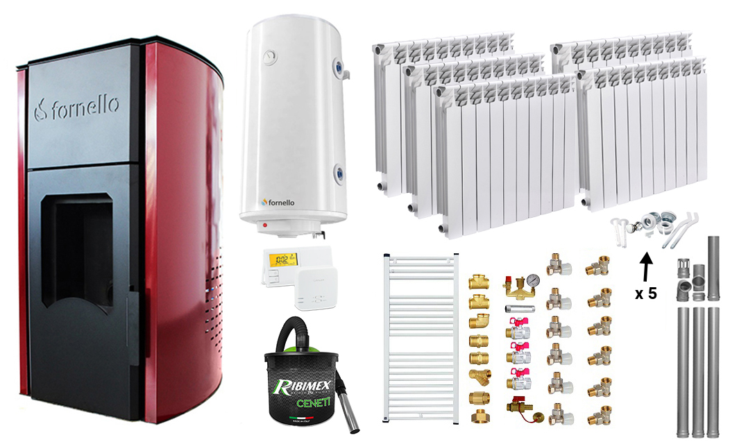 Pachet Termosemineu peleti Fornello Royal Bordeaux 25 kw, complet echipat, pompa circulatie, vas expansiune, automatizare, Calorifere aluminiu Fornello Alvo, Boiler, kit evacuare 3.5 ml, Aspirator Cenusa, Termostat si Fitinguri