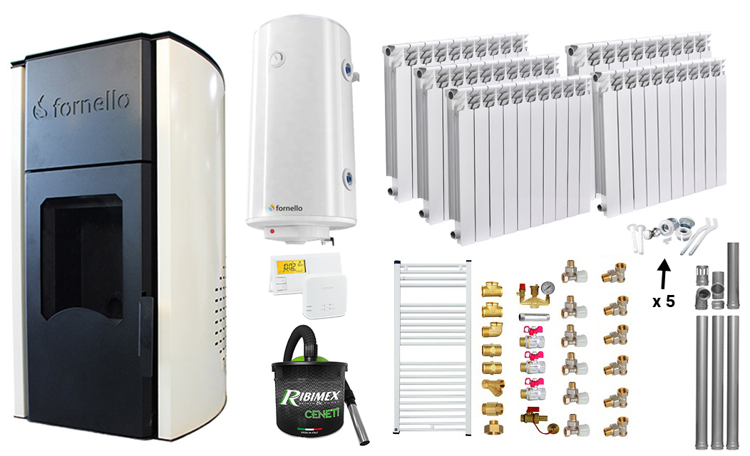 Pachet Termosemineu peleti Fornello Royal Ivory 25 kw, complet echipat, pompa circulatie, vas expansiune, automatizare, Calorifere aluminiu Fornello Alvo, Boiler, kit evacuare 3.5 ml, Aspirator Cenusa, Termostat si Fitinguri