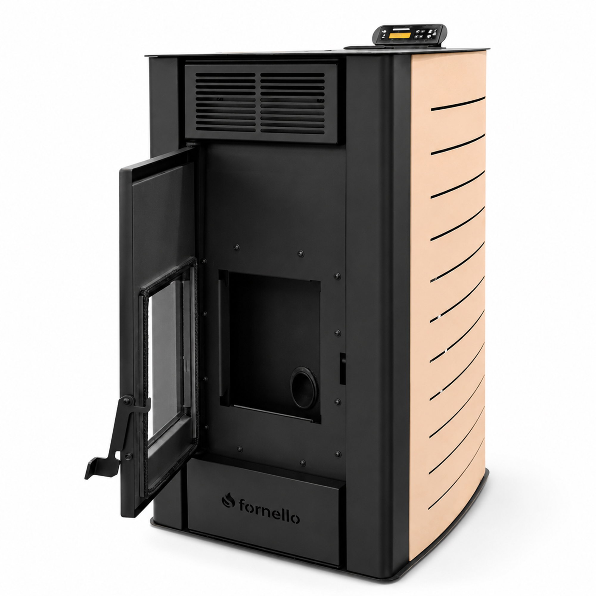 Pachet Termosemineu peleti Fornello SERENA 25 kw culoare Ivory complet echipat pompa circulatie vas expansiune automatizare kit evacuare 3.5 ml Boiler Termoelectric Fornello 100 l Termostat Radio Comanda Computherm Q3 RF Aspirator Cal