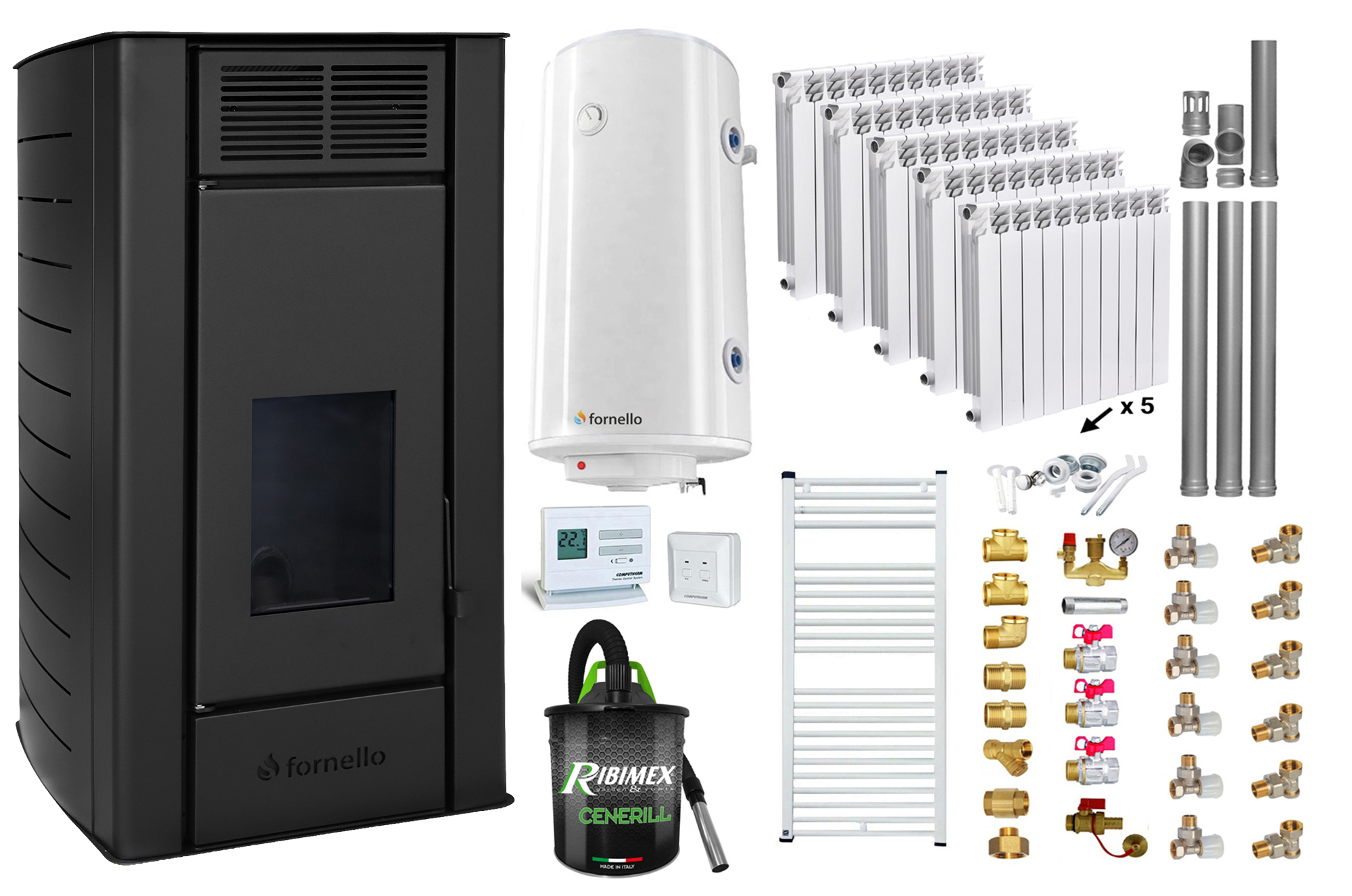 Pachet Termosemineu peleti Fornello Premium W22, 25 kw, culoare Black, complet echipat, calorifere aluminiu, pompa circulatie, vas expansiune, automatizare, kit evacuare 3.5 ml, Boiler Termoelectric Fornello 100 l, Termostat Computherm Q3 RF, Aspirat