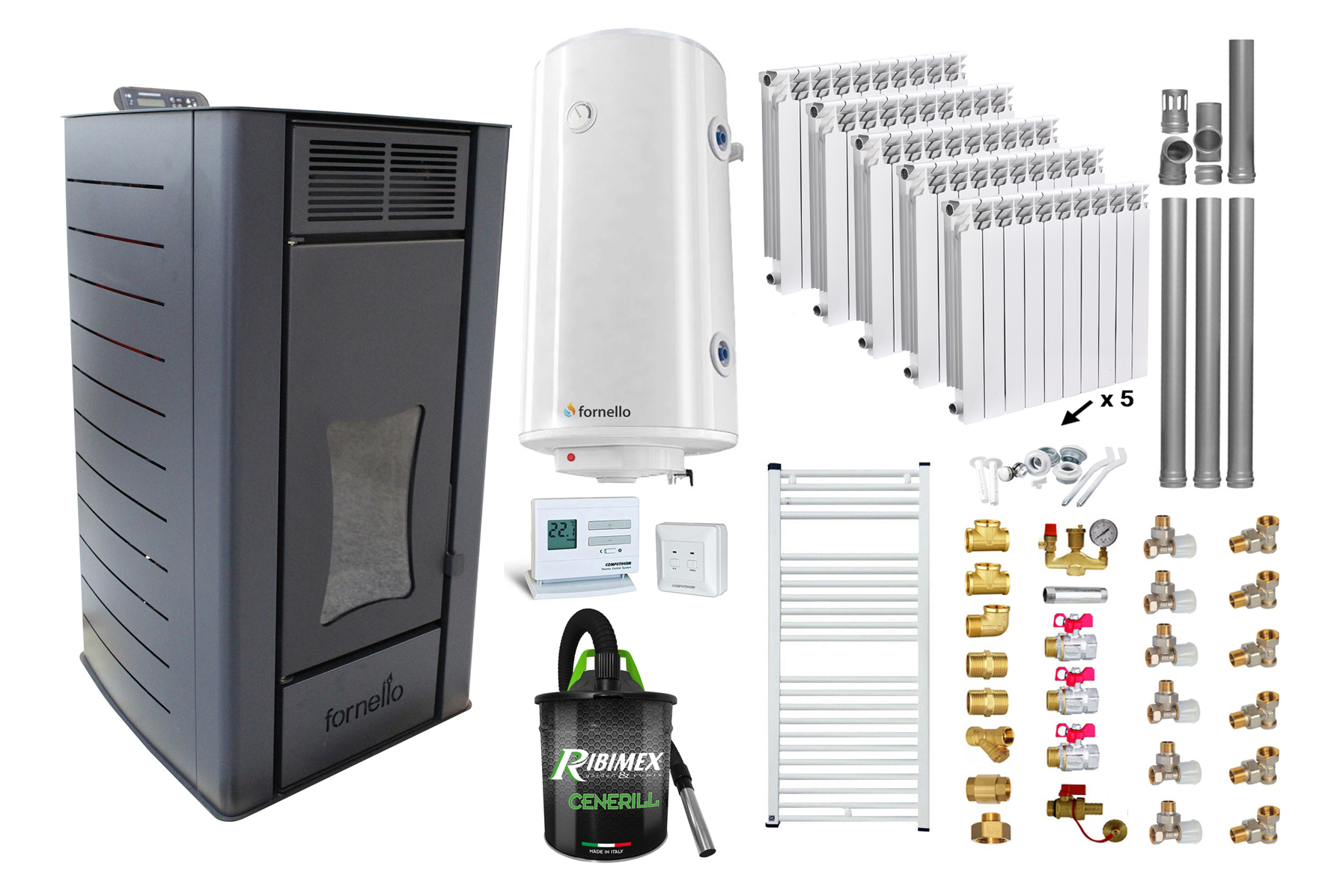 Pachet Termosemineu peleti Fornello SERENA W25, 25 kw, culoare Black, complet echipat, calorifere aluminiu Fornello Alvo, pompa, vas expansiune, automatizare, kit evacuare 3.5 ml, Boiler Termoelectric Fornello 100 l, Termostat, Aspirator