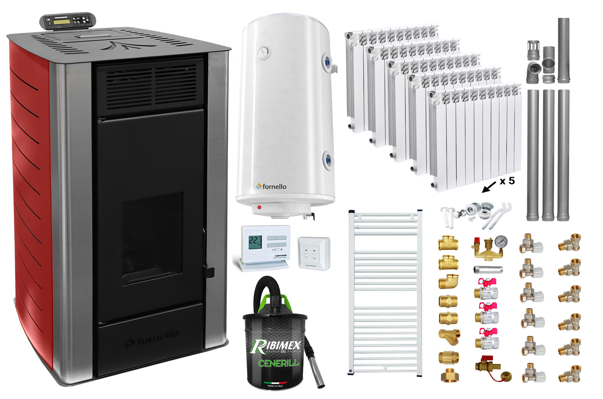 Pachet Termosemineu peleti Fornello Premium W22, 25 kw, culoare Bordeaux, complet echipat, calorifere aluminiu, pompa circulatie, vas expansiune, automatizare, kit evacuare 3.5 ml, Boiler Termoelectric Fornello 100 l, Termostat Radio Comanda Computhe