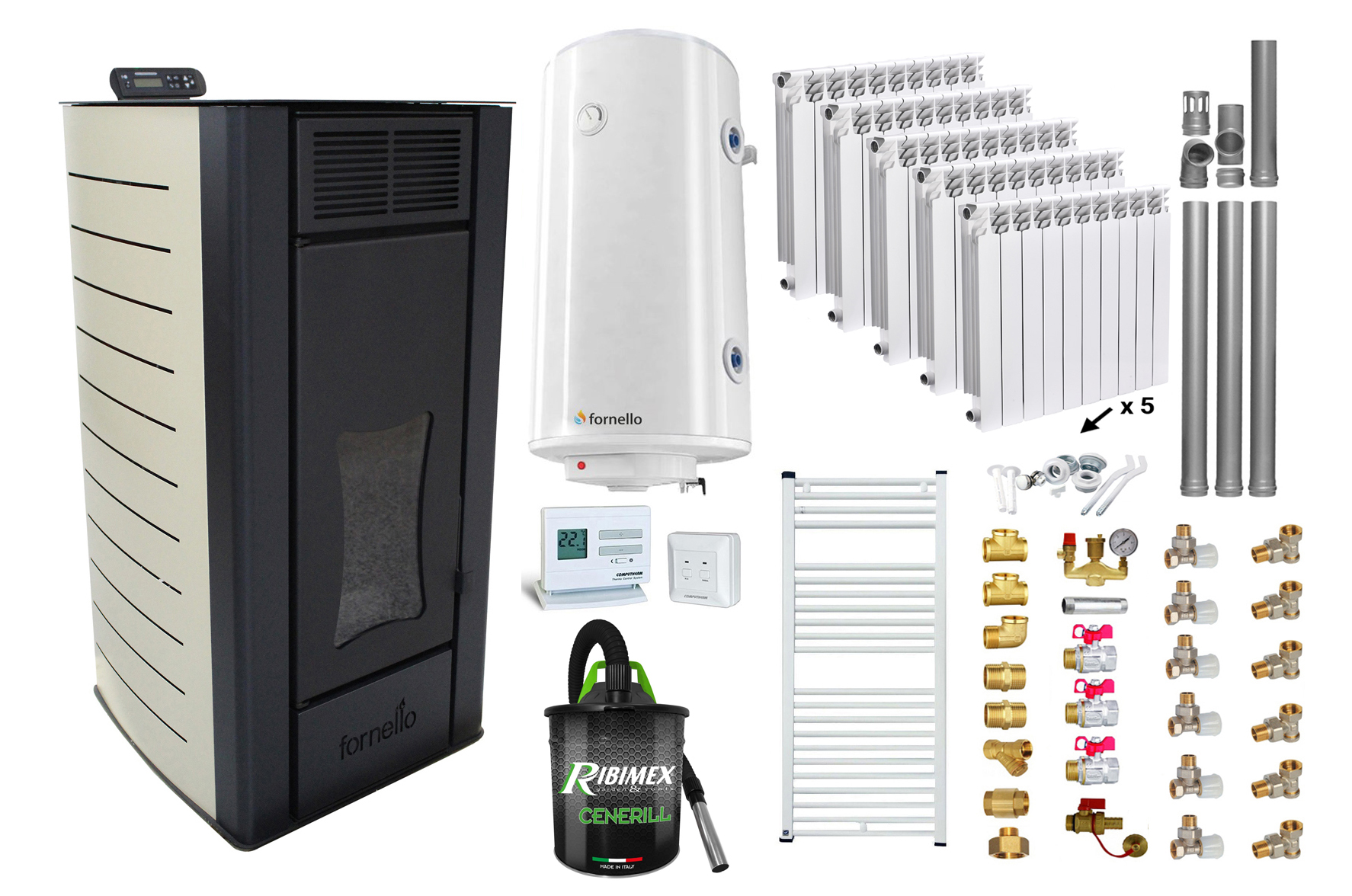 Pachet Termosemineu peleti Fornello Premium W22, 25 kw, culoare Ivory, complet echipat, calorifere aluminiu, pompa circulatie, vas expansiune, automatizare, kit evacuare 3.5 ml, Boiler Termoelectric Fornello 100 l, Termostat Computherm Q3 RF, Aspirat
