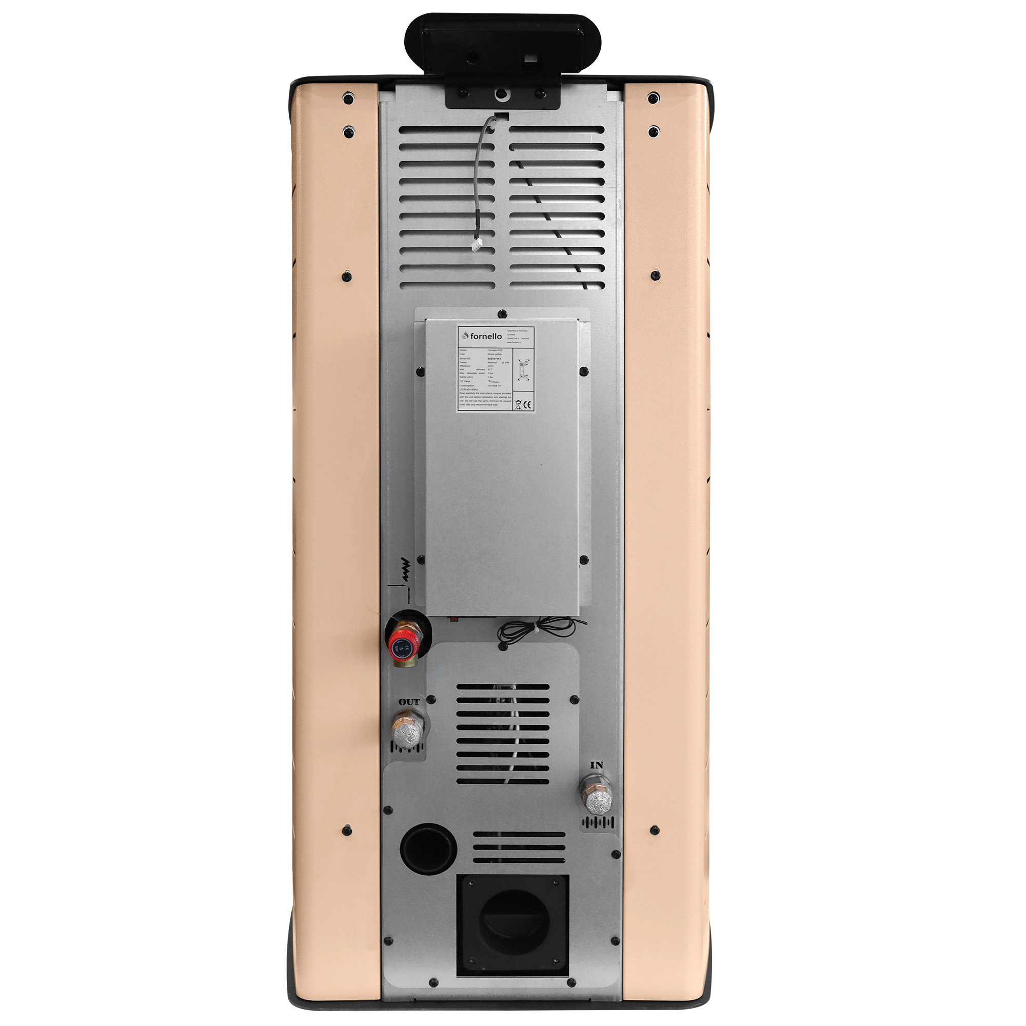 Pachet Termosemineu peleti Fornello SERENA W25 25 kw culoare Ivory complet echipat pompa circulatie vas expansiune automatizare kit evacuare 3.5 ml Boiler Termoelectric Fornello 100 l Termostat Aspirator