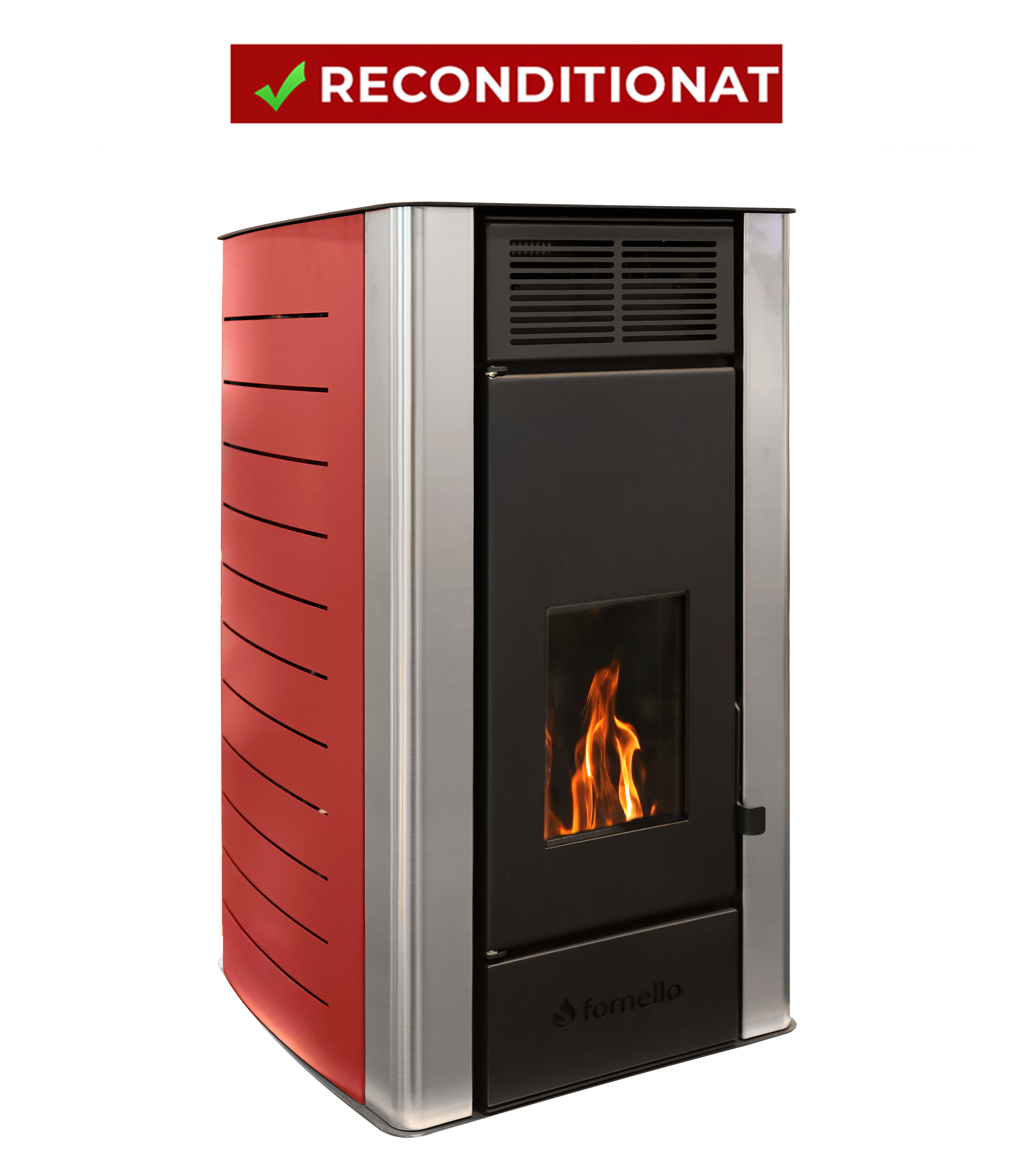 PRODUS RECONDITIONAT USOR LOVIT DAR IN PERFECTA STARE DE FUNCTIONARE cod 14706 !!! Termosemineu centrala pe peleti Fornello SERENA W25 25 kw complet echipat cu pompa de circulatie vas de expansiune supapa siguranta telecomanda culoare Bordeau