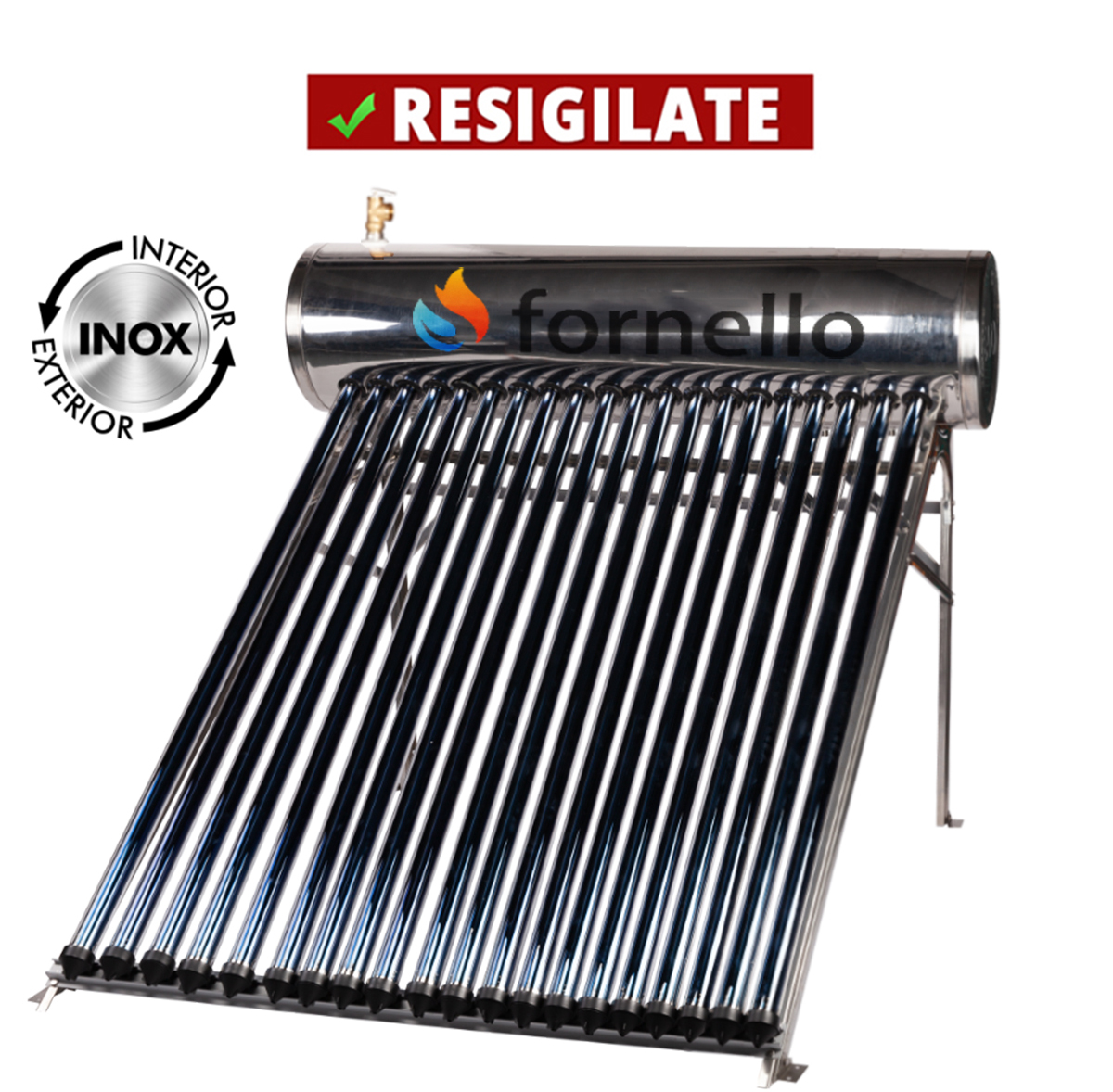 PRODUS RESIGILAT CU DEFECTE ESTETICE DAR IN PERFECTA STARE DE FUNCTIONARE cod 12509 !!!Panou solar presurizat compact FORNELLO SPP-470-H58/1800-20-c cu 20 tuburi vidate de tip heta pipe si boiler din inox de 177 litri