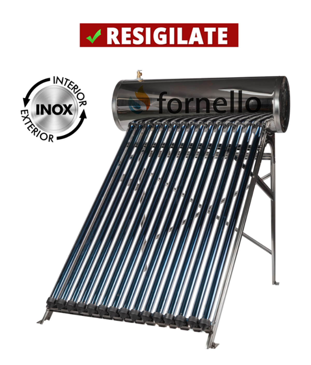 PRODUS RESIGILAT CU DEFECTE ESTETICE DAR IN PERFECTA STARE DE FUNCTIONARE cod 12524 !!! Panou solar presurizat compact FORNELLO SPP-470-H58/1800-15-c cu 15 tuburi vidate de tip heat pipe si boiler din inox de 135 litri
