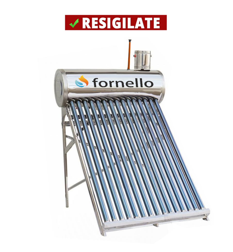 PRODUS RESIGILAT CU DEFECTE ESTETICE DAR IN PERFECTA STARE DE FUNCTIONARE cod 12528 !!! Panou solar nepresurizat Fornello pentru producere apa calda cu rezervor inox 122 litri 15 tuburi vidate si vas flotor 5 litri