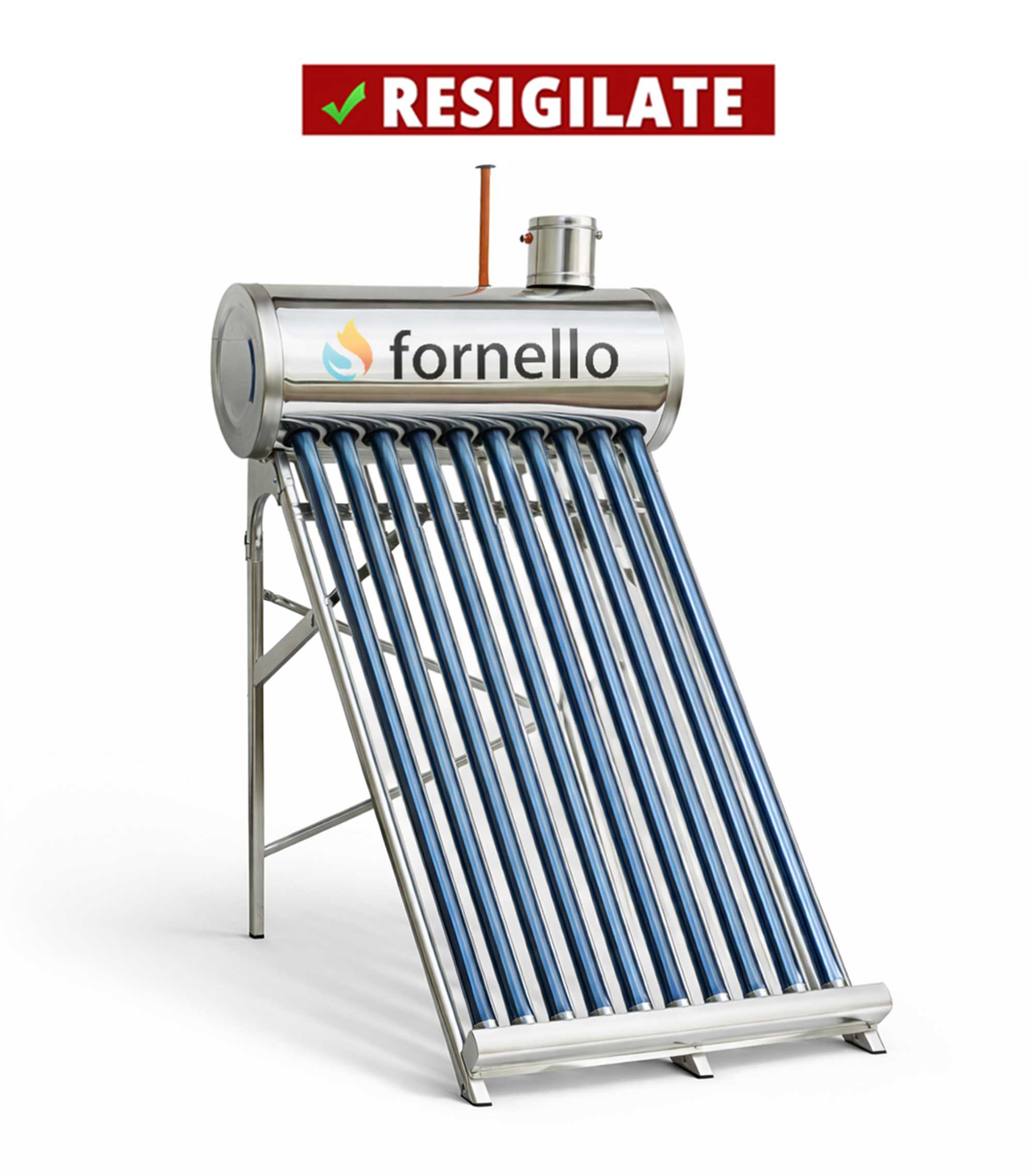 PRODUS RESIGILAT CU DEFECTE ESTETICE DAR IN PERFECTA STARE DE FUNCTIONARE cod 12547 !!! Panou solar nepresurizat Fornello pentru producere apa calda cu rezervor inox 82 litri 10 tuburi vidate si vas flotor 5 litri
