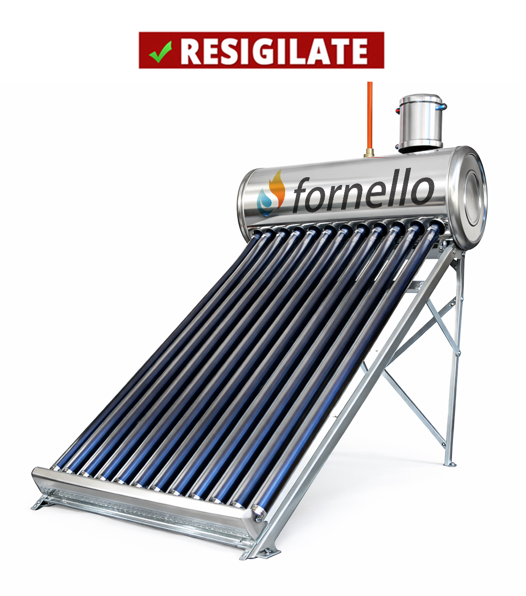 PRODUS RESIGILAT CU DEFECTE ESTETICE DAR IN PERFECTA STARE DE FUNCTIONARE cod 12544 !!! Panou solar nepresurizat Fornello pentru producere apa calda cu rezervor inox 100 litri 12 tuburi vidate si vas flotor 5 litri