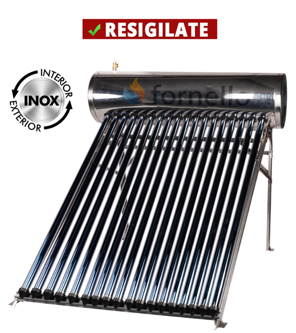 PRODUS RESIGILAT CU DEFECTE ESTETICE DAR IN PERFECTA STARE DE FUNCTIONARE cod 12900 !!!Panou solar presurizat compact FORNELLO SPP-470-H58/1800-18-c cu 18 tuburi vidate de tip heat pipe si boiler din inox de 160 litri