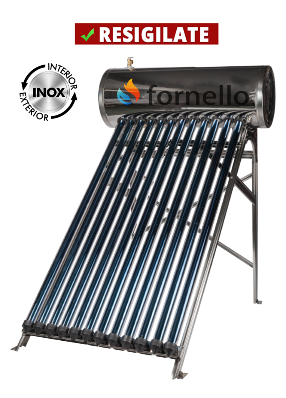 PRODUS RESIGILAT CU DEFECTE ESTETICE DAR IN PERFECTA STARE DE FUNCTIONARE cod 24566 !!! Panou solar presurizat compact FORNELLO SPP-470-H58/1800-12-c cu 12 tuburi vidate de tip heat pipe si boiler din inox de 109 litri