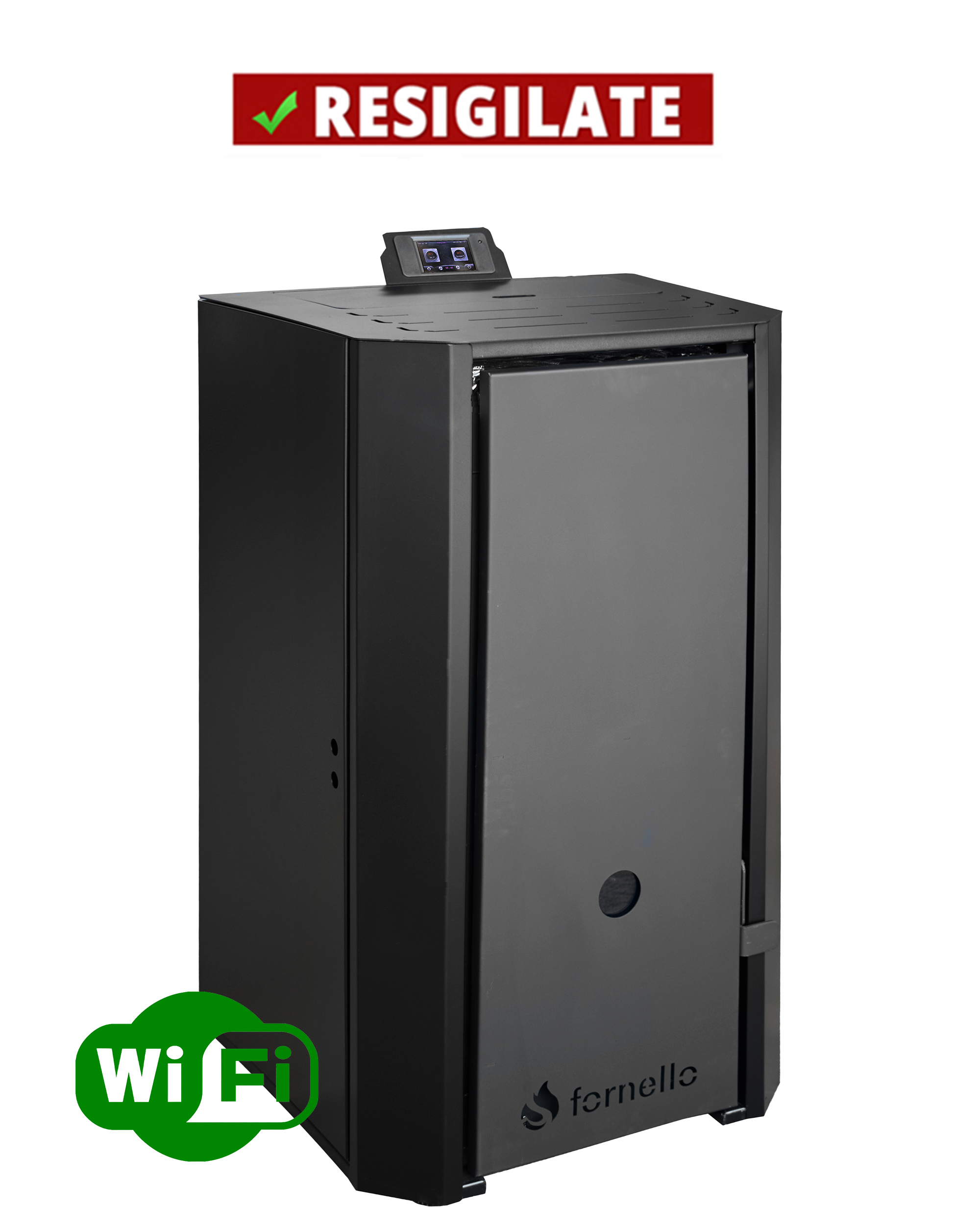 PRODUS RECONDITIONAT IN PERFECTA STARE DE FUNCTIONARE 27556 !!! Centrala pe peleti Fornello EVA B Black 25 KW pompa circulatie vas expansiune Grup siguranta WI-FI buncar tiraj fortat recomandat pentru 160 mp Negru