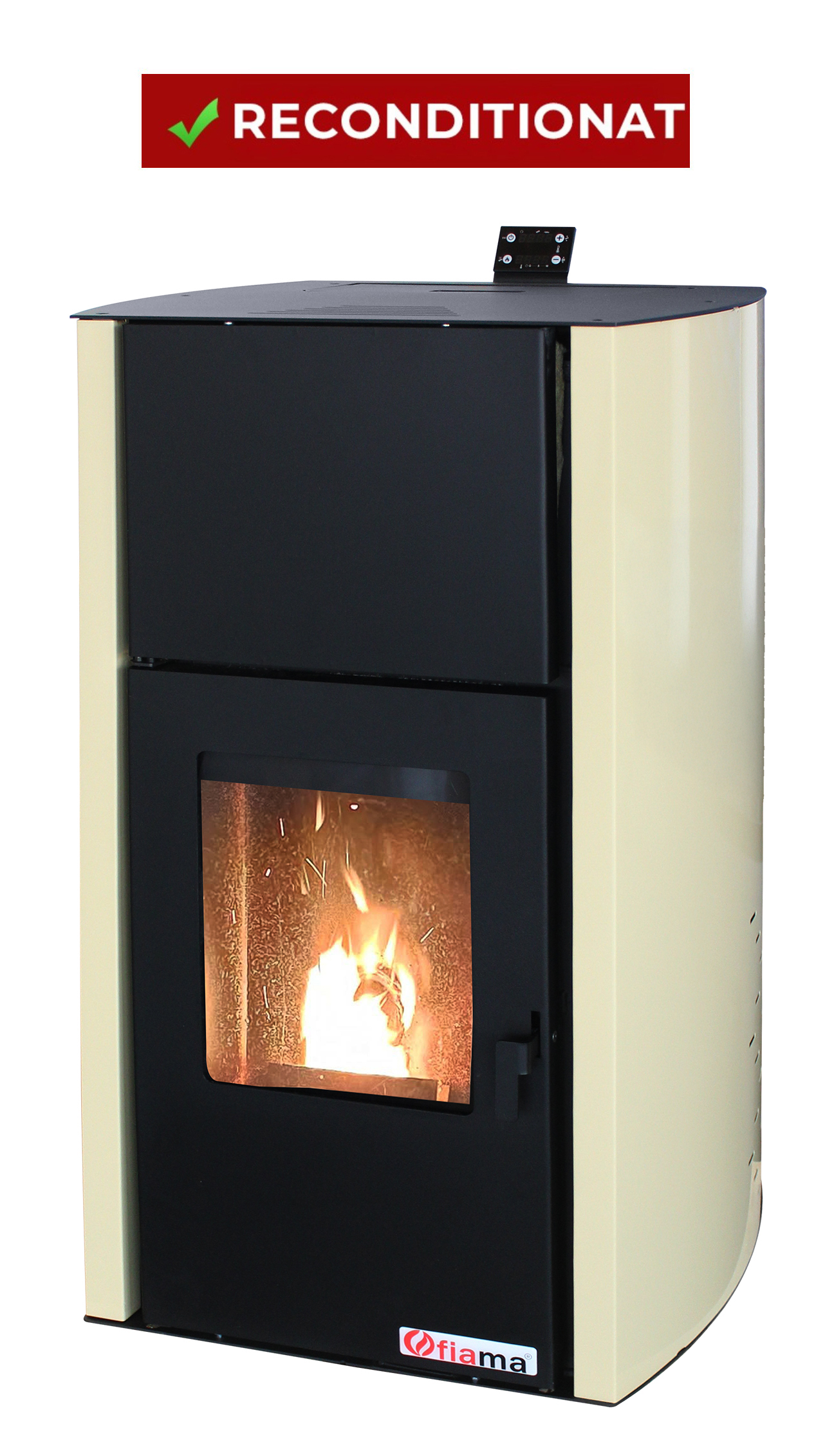 PRODUS RECONDITIONAT IN PERFECTA STARE DE FUNCTIONARE 27562 !!! Termosemineu pe peleti Fornello Fiama Confort 30 kW cu pompa vas expansiune automatizare buncar 35 kg tiraj fortat culoare crem pana la 200 mp