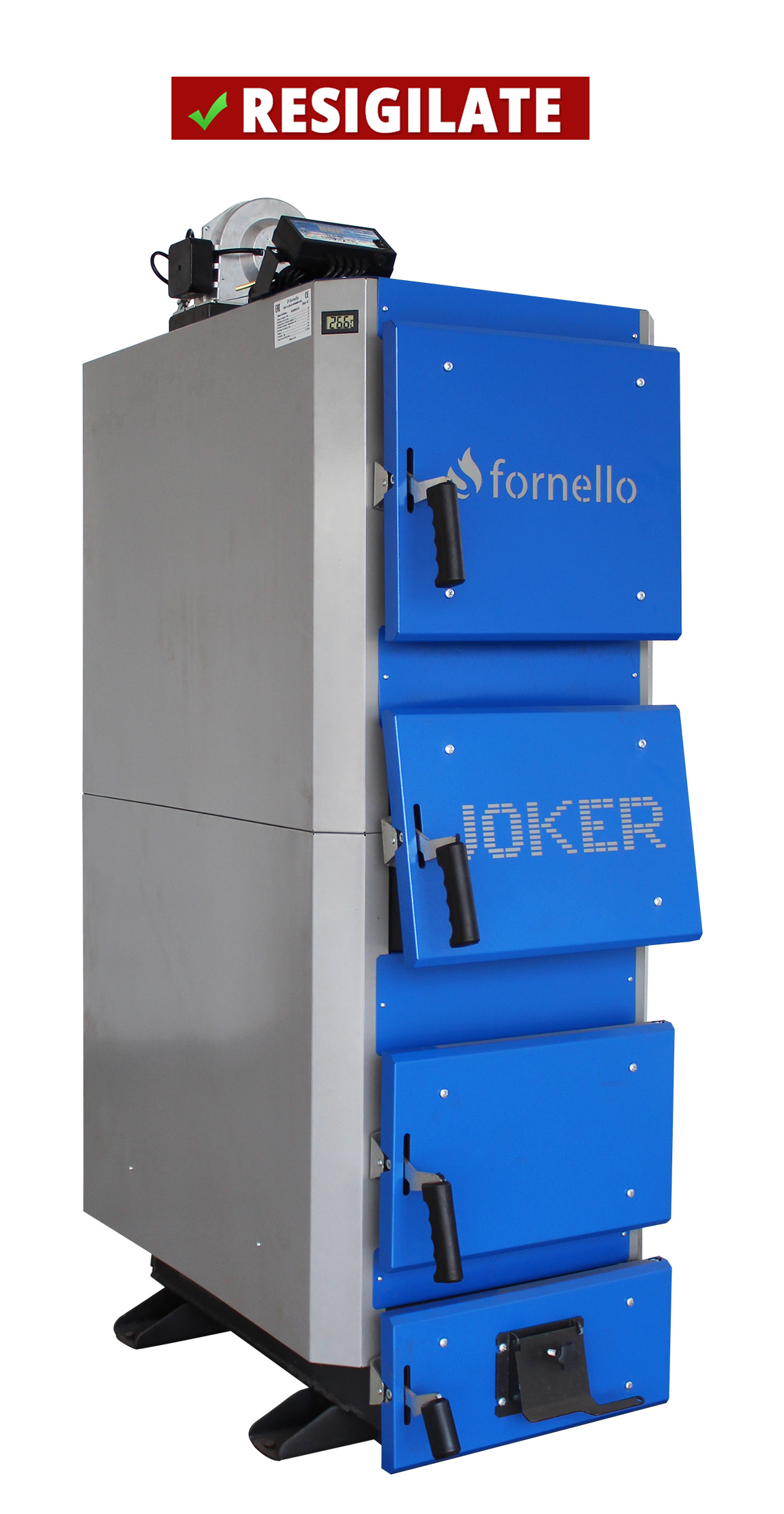 PRODUS RESIGILAT, NOU, PREZINTA LOVITURI DAR IN PERFECTA STARE DE FUNCTIONARE!!! Cazan (centrala) pe combustibil solid, (lemn, carbune), Fornello JOKER 29 kW, cu Ventilator si Automatizare