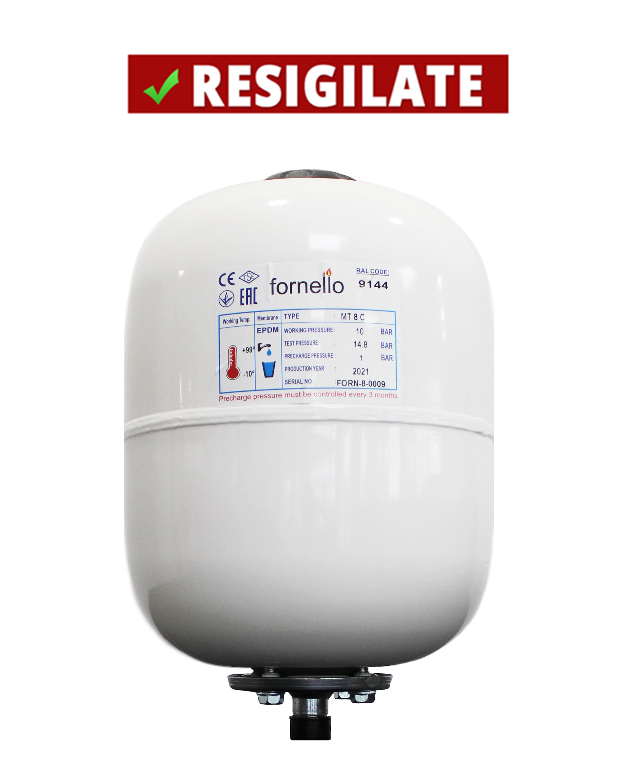 PRODUS RESIGILAT SAU USOR LOVIT DAR IN PERFECTA STARE DE FUNCTIONARE (15003) !!! Vas expansiune sanitar Fornello 8 litri vertical culoare alb presiune maxima 10 bar membrana EPDM