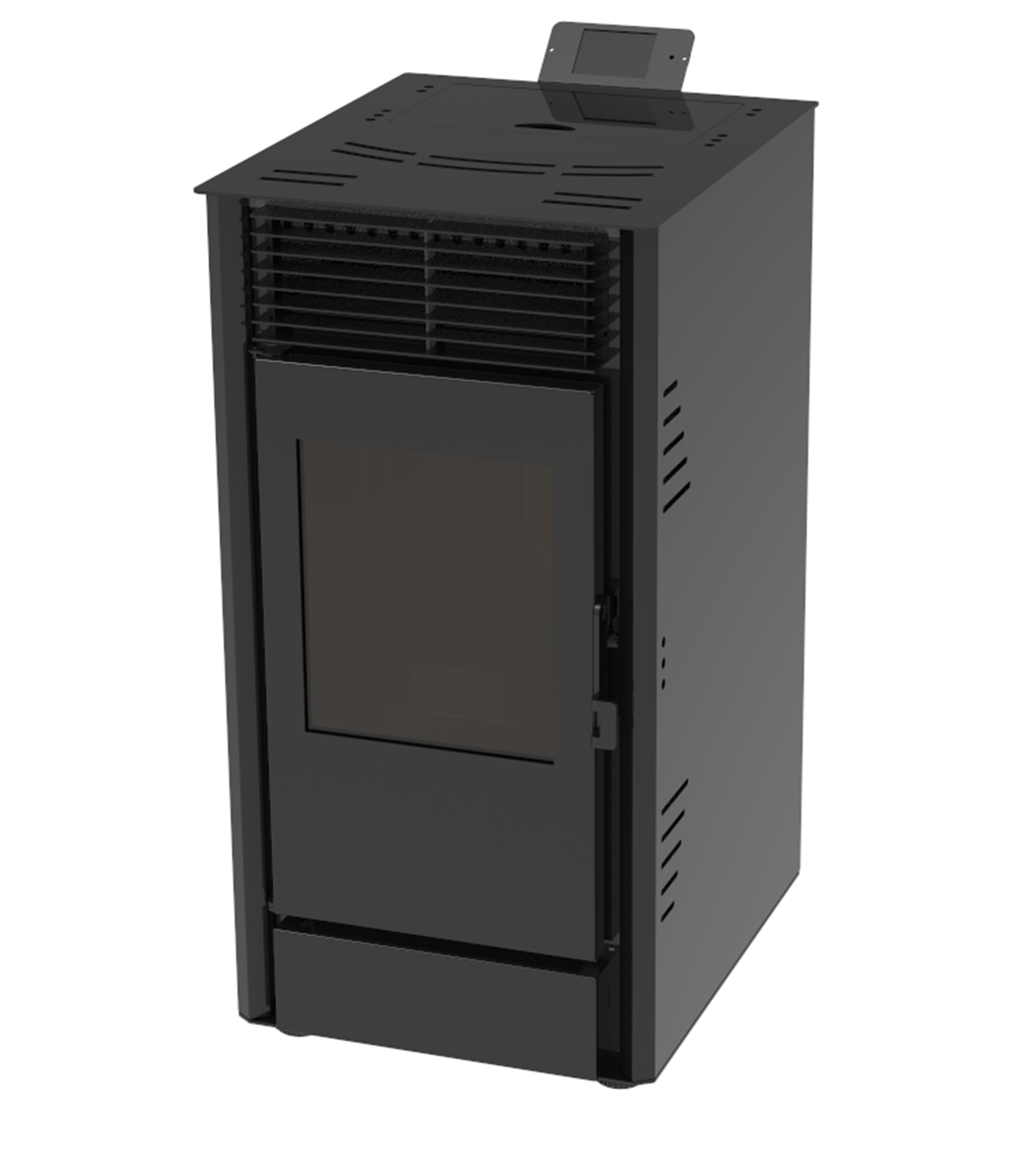 Semineu pe peleti cu aer cald Fiama Fuoco 8 kw, aprindere electrica, tiraj fortat, wifi, focar din fonta, recomandat pentru 75 mp, Black