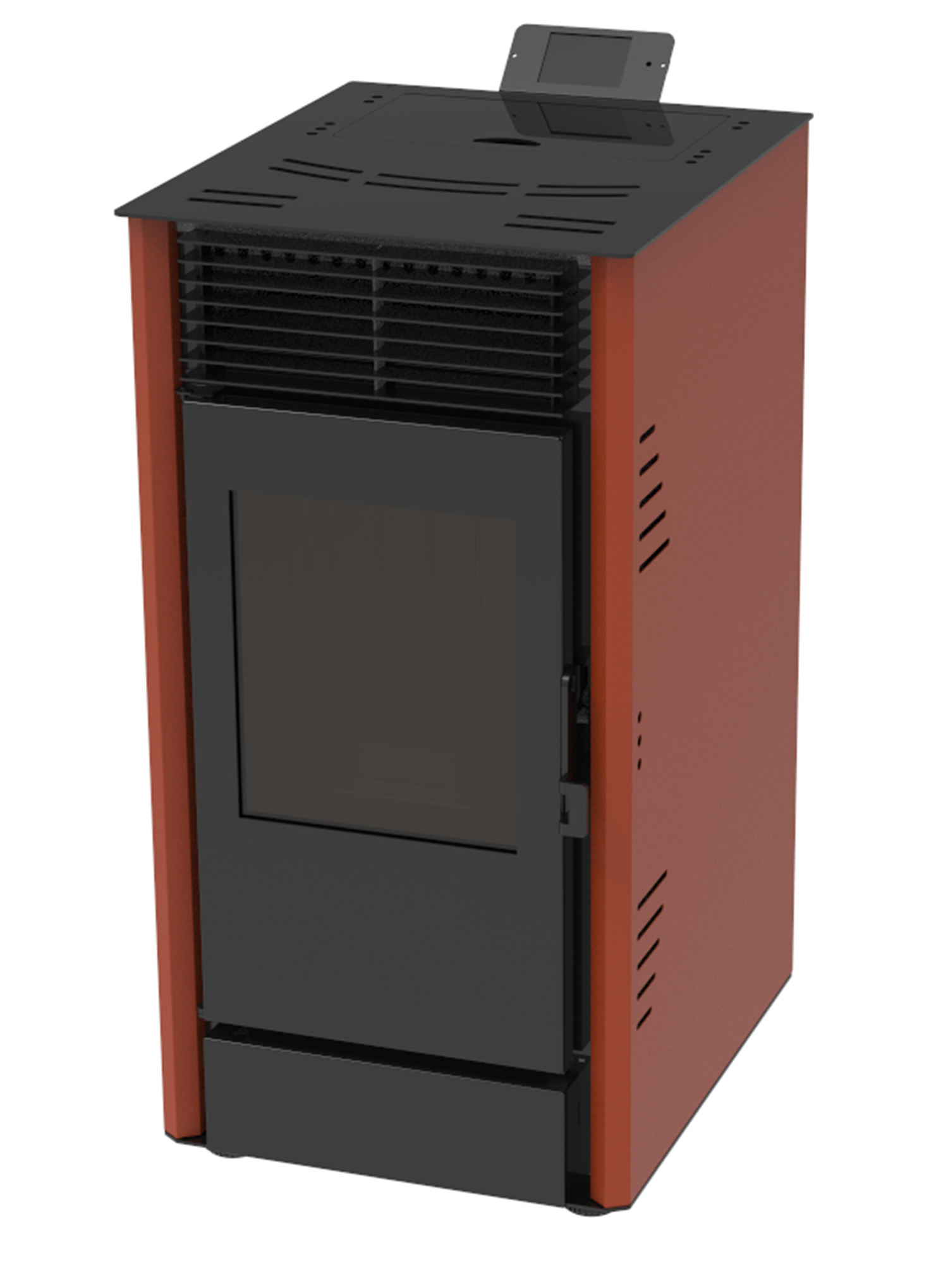 Semineu pe peleti cu aer cald Fiama Fuoco 8 kw, aprindere electrica, tiraj fortat, wifi, focar din fonta, recomandat pentru 75 mp, Bordeaux