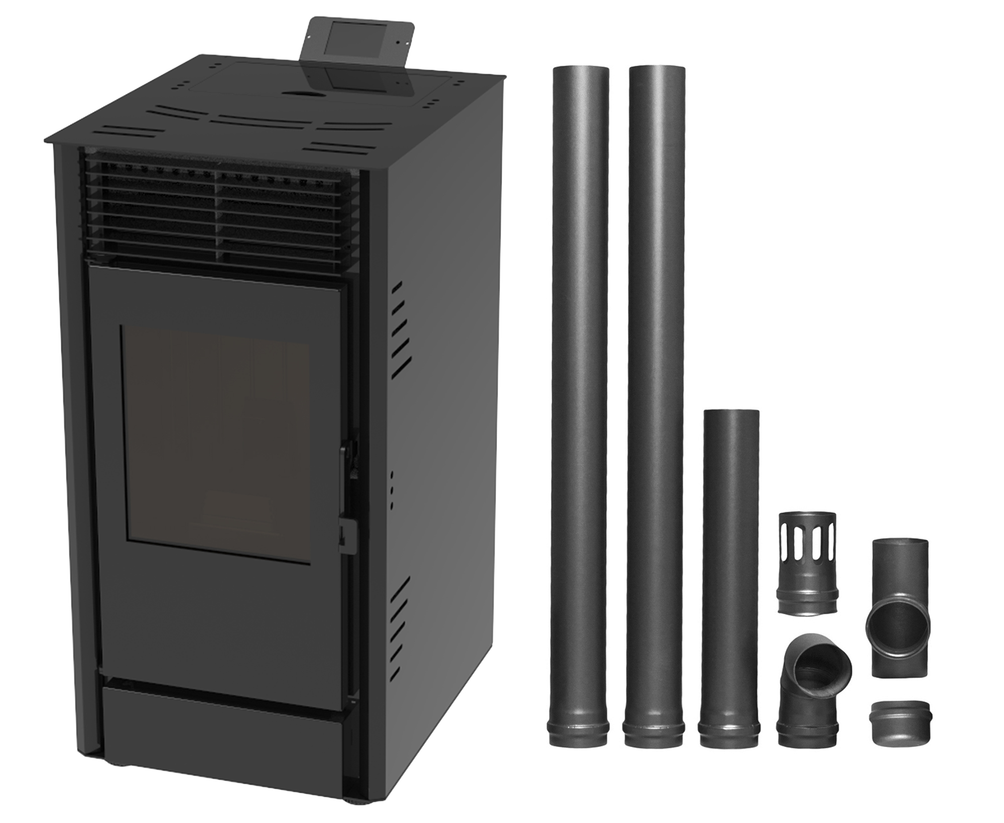Pachet Semineu pe peleti cu aer cald Fiama Fuoco 8 kw, aprindere electrica, tiraj fortat, wifi, focar din fonta, recomandat pentru 75 mp, Black, Kit evacuare 2.5