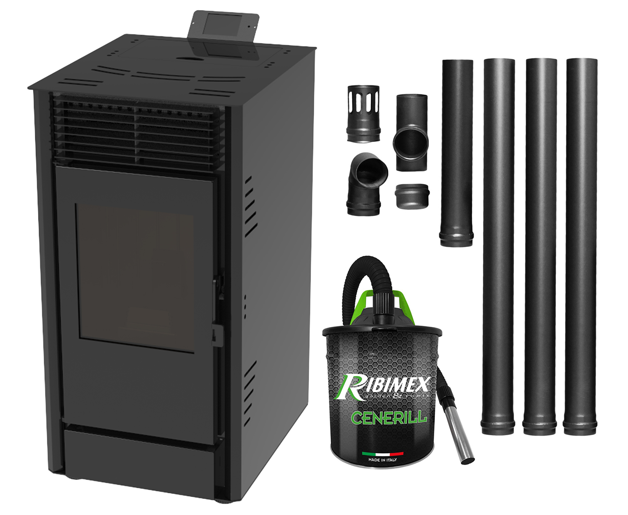 Pachet Semineu pe peleti cu aer cald Fiama Fuoco 8 kw, aprindere electrica, tiraj fortat, wifi, focar din fonta, recomandat pentru 75 mp, Black,  Kit evacuare 3.5 ml si Aspirator cenusa