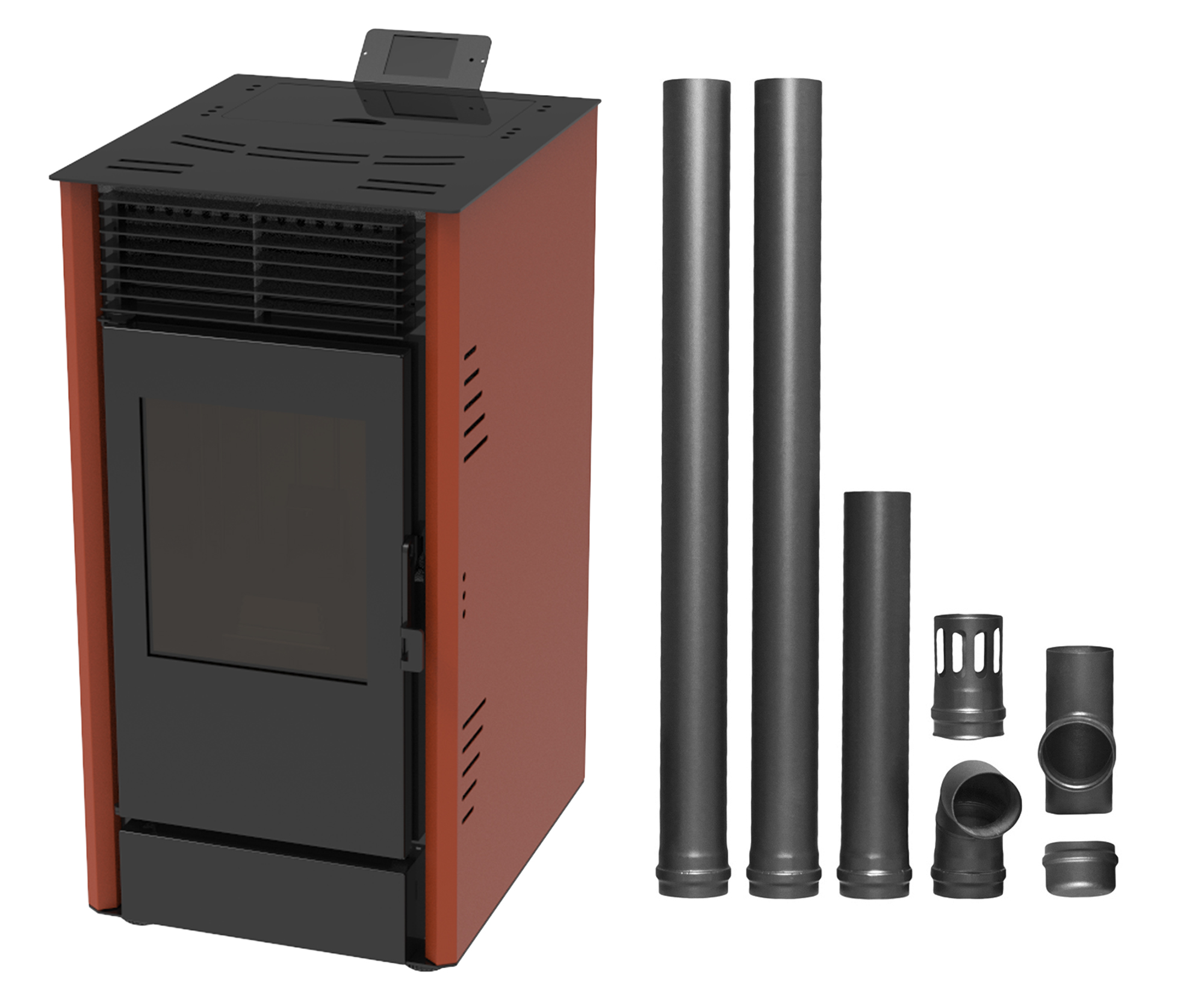 Pachet Semineu pe peleti cu aer cald Fiama Fuoco 8 kw, aprindere electrica, tiraj fortat, wifi, focar din fonta, recomandat pentru 75 mp, Bordeaux,Kit evacuare 2.5