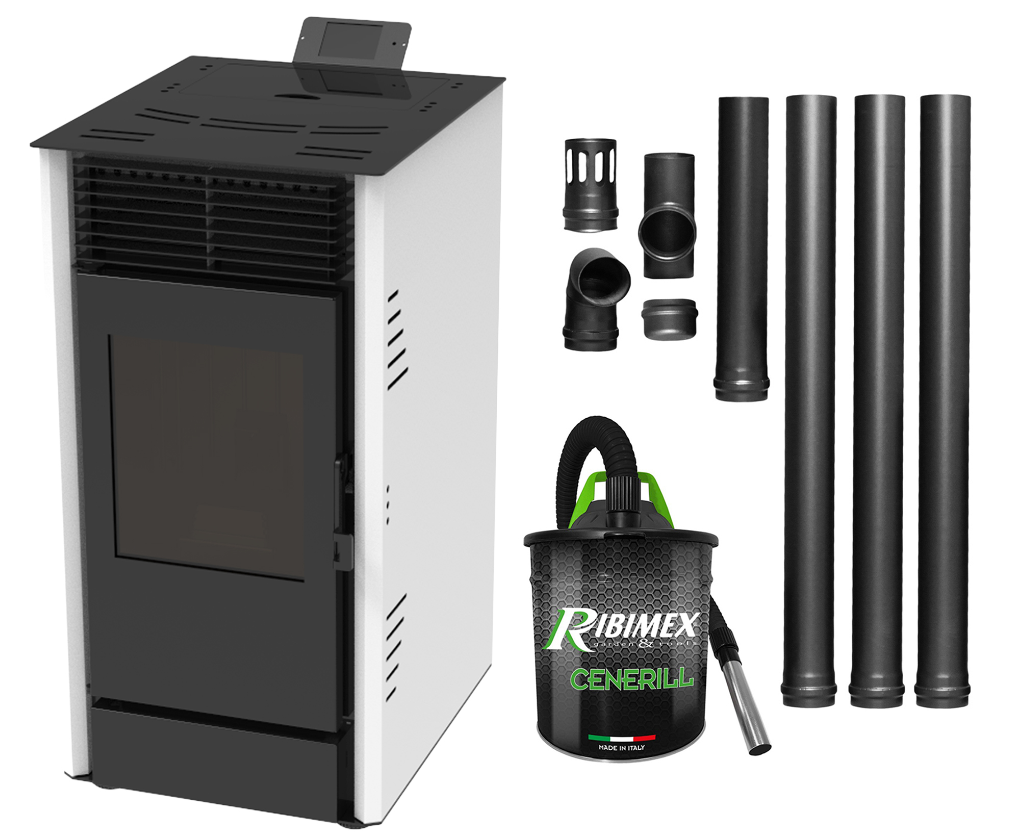 Pachet Semineu pe peleti cu aer cald Fiama Fuoco 8 kw, aprindere electrica, tiraj fortat, wifi, focar din fonta, recomandat pentru 75 mp, Alb,  Kit evacuare 3.5 ml si Aspirator cenusa