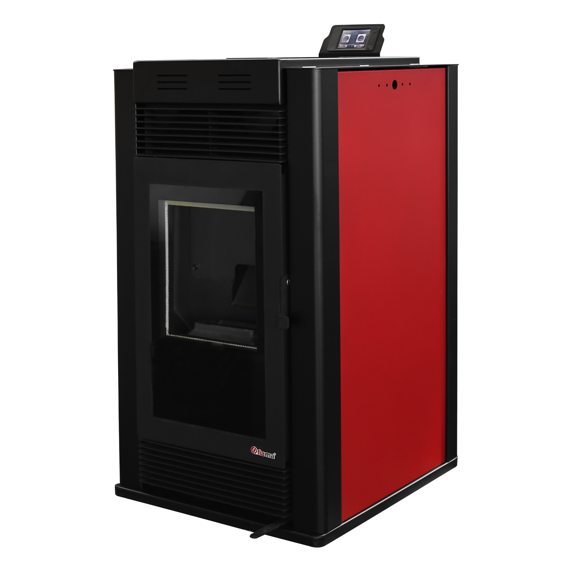 Semineu pe peleti cu aer cald Fiama Maxima 14 kw, aprindere electrica, tiraj fortat, wifi, focar din fonta, recomandat pentru 140 mp, Bordeaux