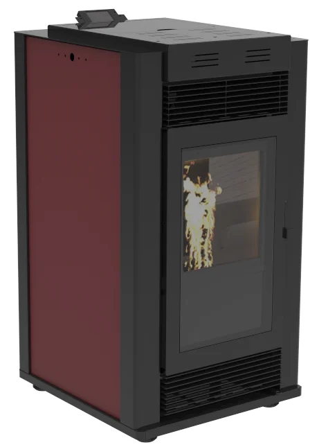 Semineu pe peleti cu aer cald Fiama Maxima 14 kw, aprindere electrica, tiraj fortat, wifi, focar din fonta, recomandat pentru 140 mp, Bordeaux