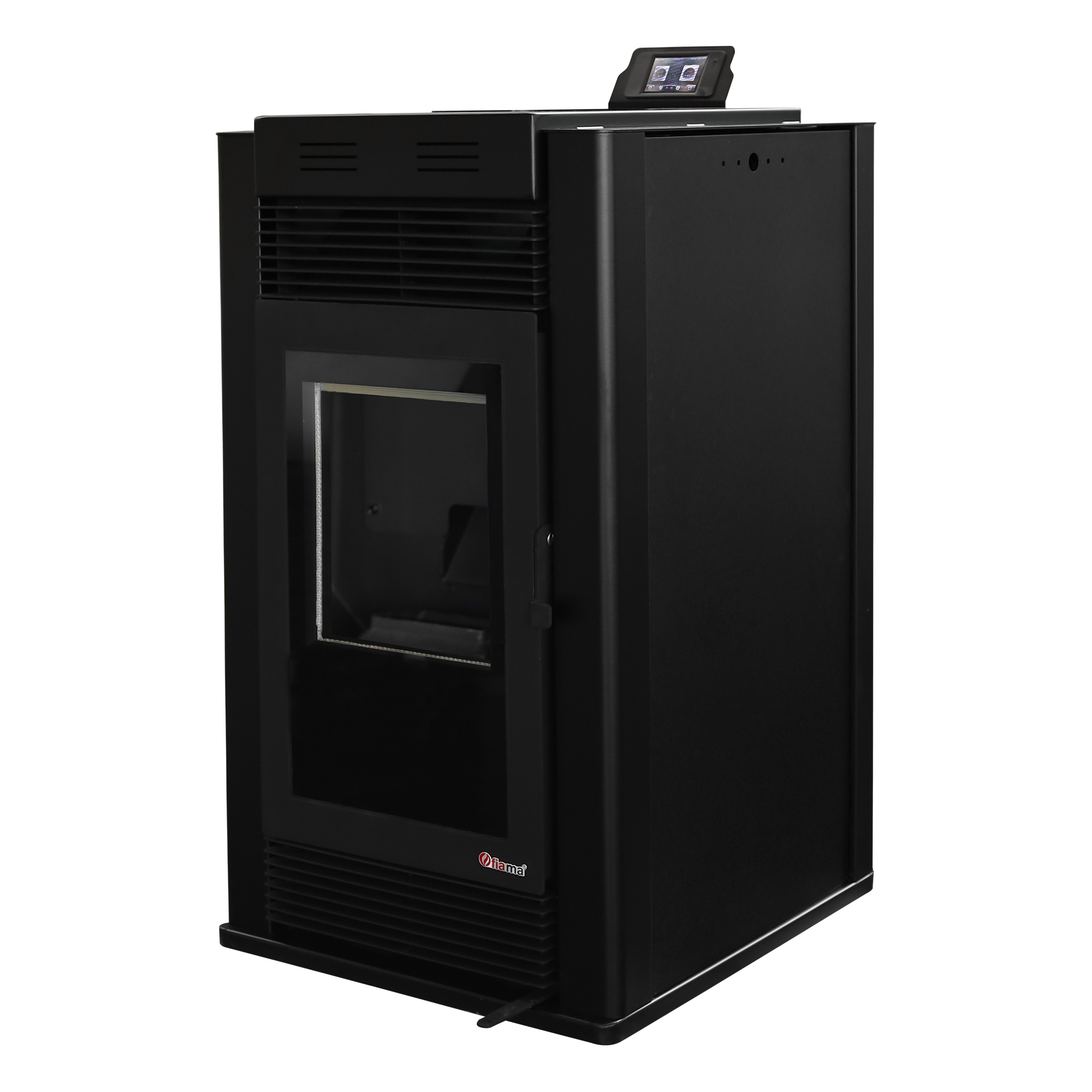 Semineu pe peleti cu aer cald Fiama Maxima 14 kw, aprindere electrica, tiraj fortat, wifi, focar din fonta, recomandat pentru 140 mp, Black