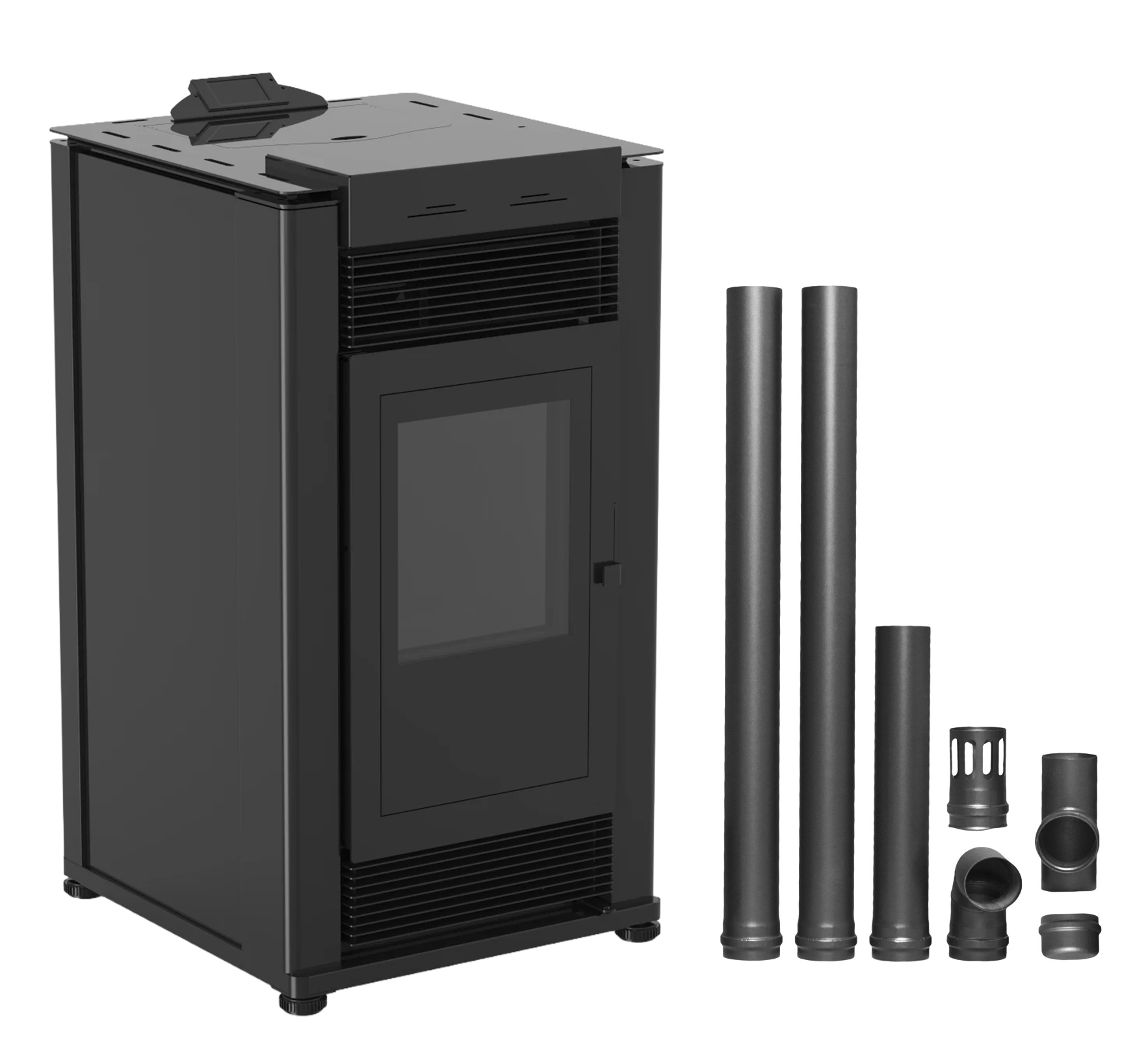 Pachet Semineu pe peleti cu aer cald Fiama Maxima 14 kw, aprindere electrica, tiraj fortat, wifi, focar din fonta, recomandat pentru 140 mp, Black, Kit evacuare 2.5 ml