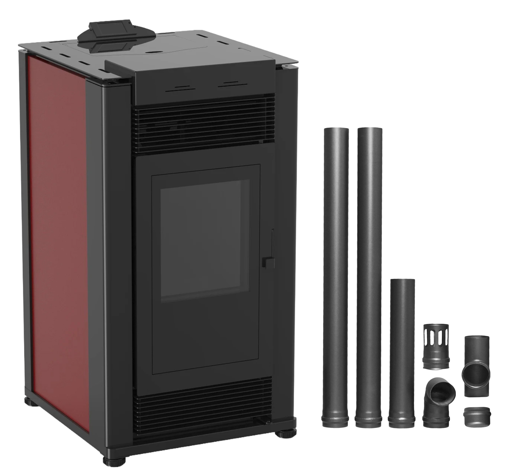 Semineu pe peleti cu aer cald Fiama Maxima 14 kw, aprindere electrica, tiraj fortat, wifi, focar din fonta, recomandat pentru 140 mp, Bordeaux,Kit evacuare 2.5 ml