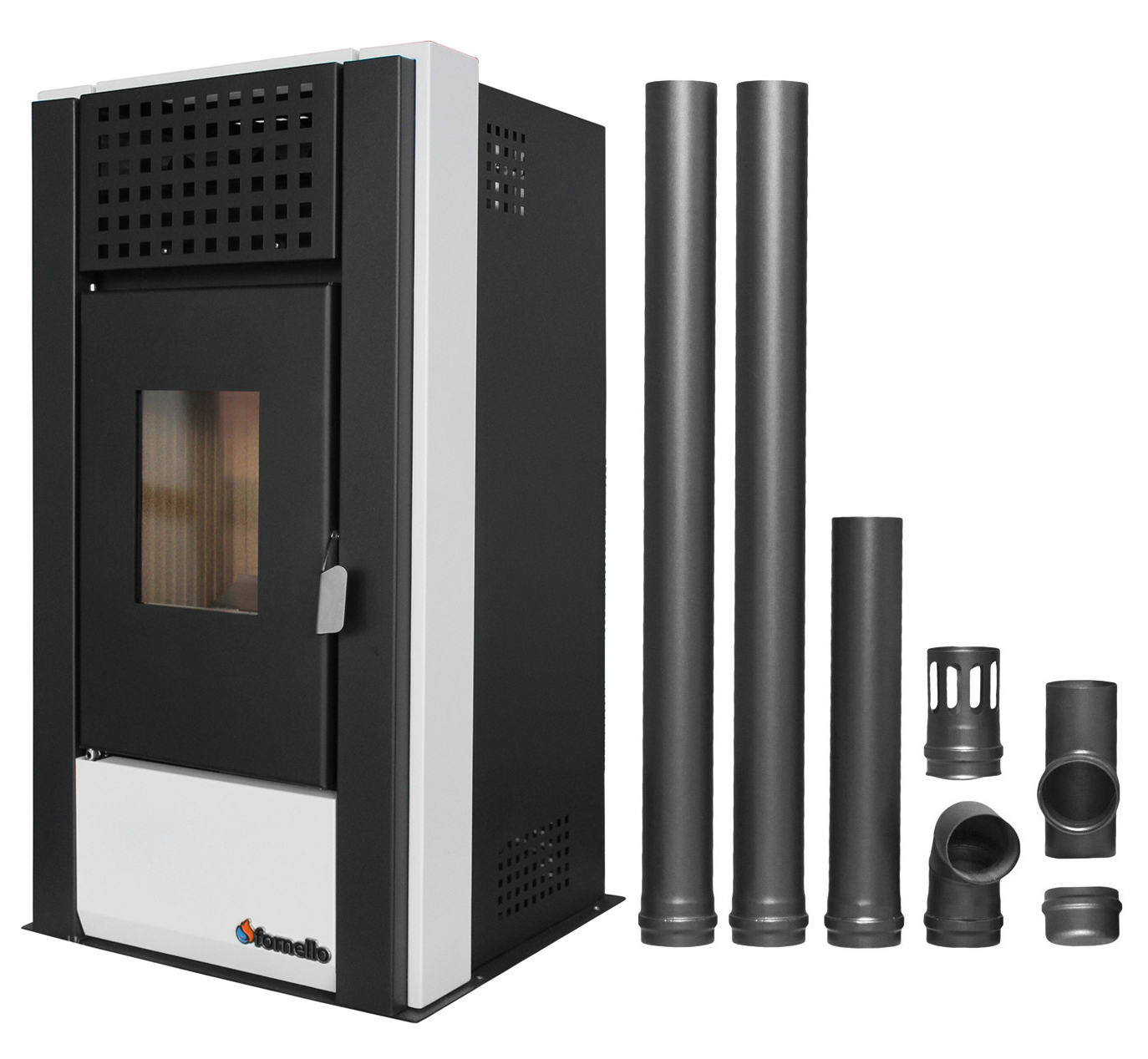 Pachet pentru incalzire Semineu (Soba) pe Peleti cu aer cald Fornello Magnesia 9 KW, culoare White si kit evacuare 2,5 metri Sobe pe peleti