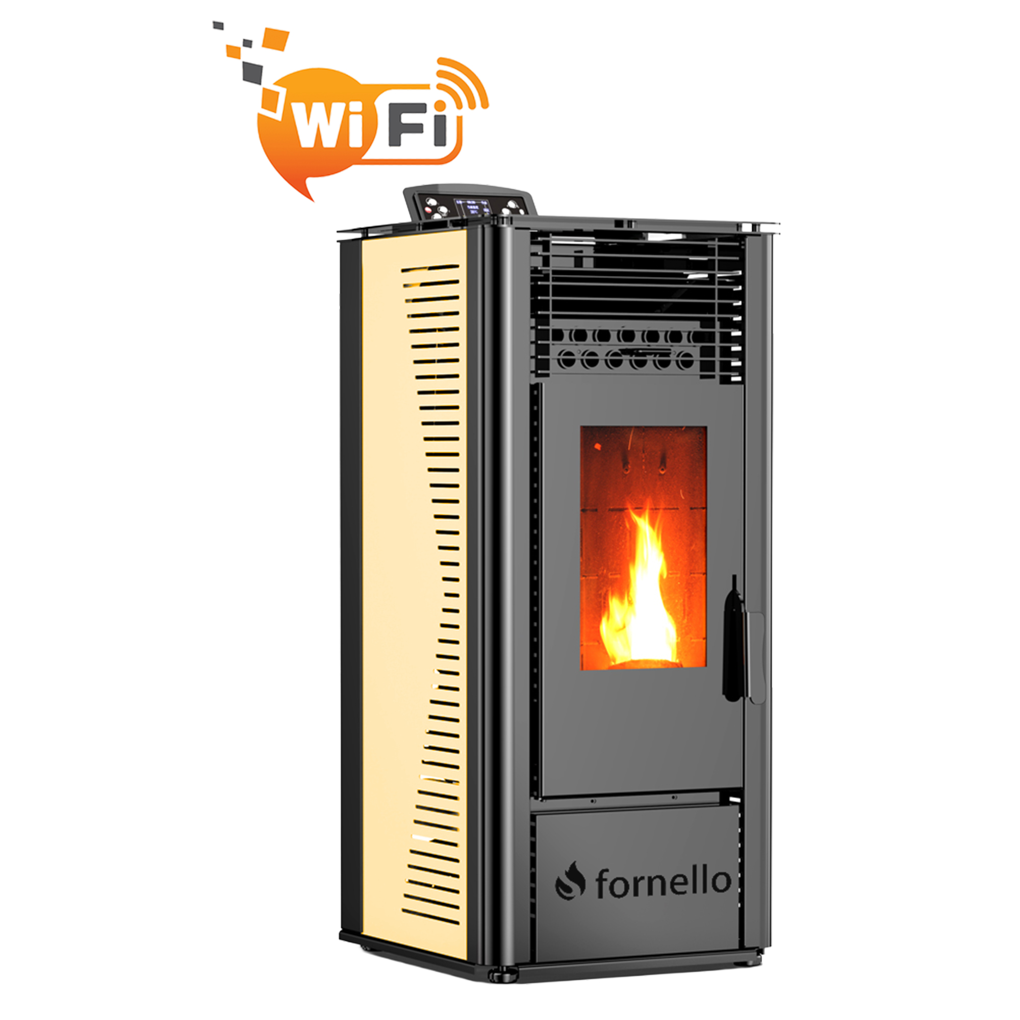 Semineu (soba ) pe peleti cu tiraj fortat Fornello SOPHIA WI-FI 11 kw, aprindere electrica, telecomanda, Wi-fi, culoare Ivory, recomandat pentru 110 mp