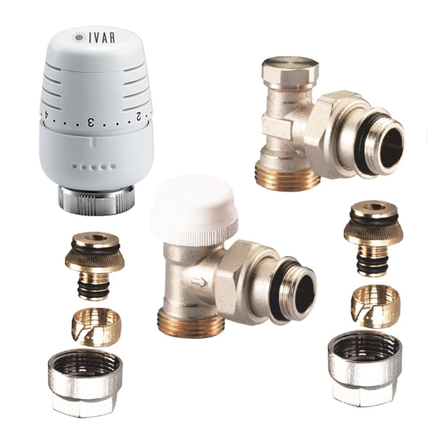Set robineti calorifer - cap termostatic + robinet termostatabil + robinet retur + conectori pentru teava pexal 16x2 Ivar