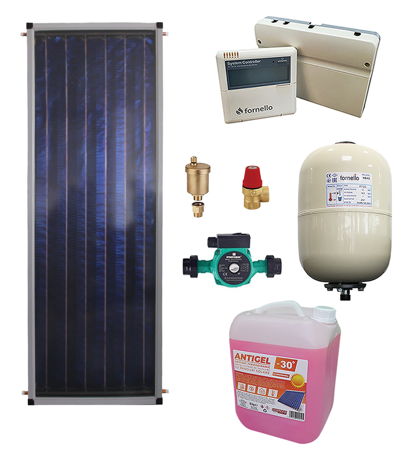 Sistem solar presurizat fara boiler, panou solar plan Sunsystem Select PK SL CL NL 1.66 m², pompa 25-60, controller, vas expansiune, antigel, supapa 1/2, aerisitor 1/2