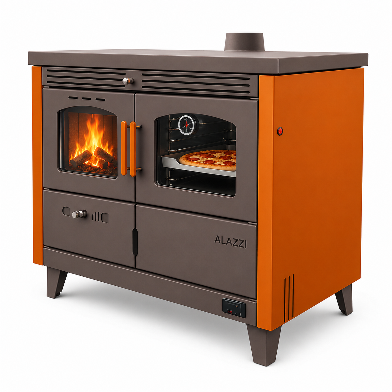 Termoșemineu pe combustibil solid (lemn/brichete/cărbune) Fornello Alazzi 25 kW plită din fontă cuptor iluminat si pompă de circulație pentru încălzire și gătit până la 150 mp