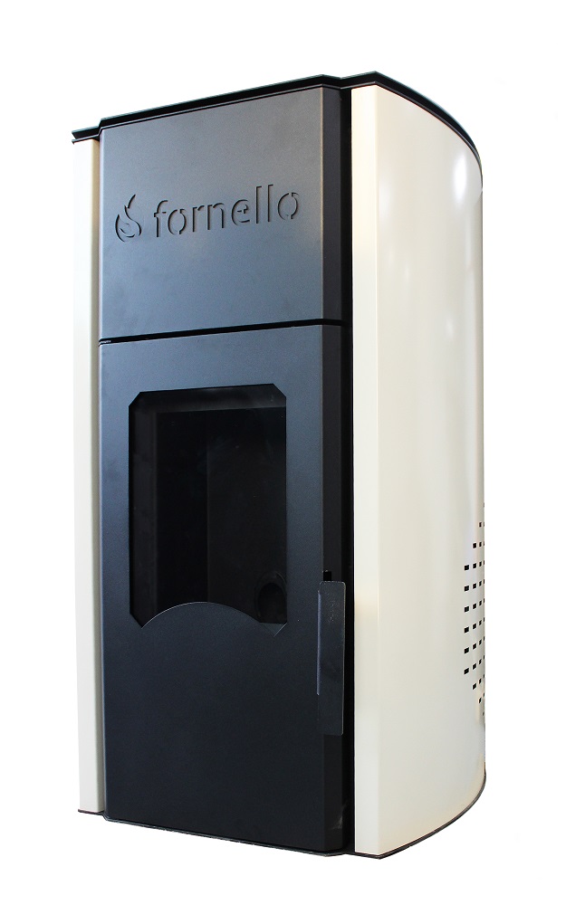 Termosemineu centrala pe peleti Fornello Royal 25 kw, complet echipat pentru incalzire cu pompa de circulatie , vas expansiune , supapa de siguranta, buncar de peleti, automatizare, culoare crem/visiniu Fornello