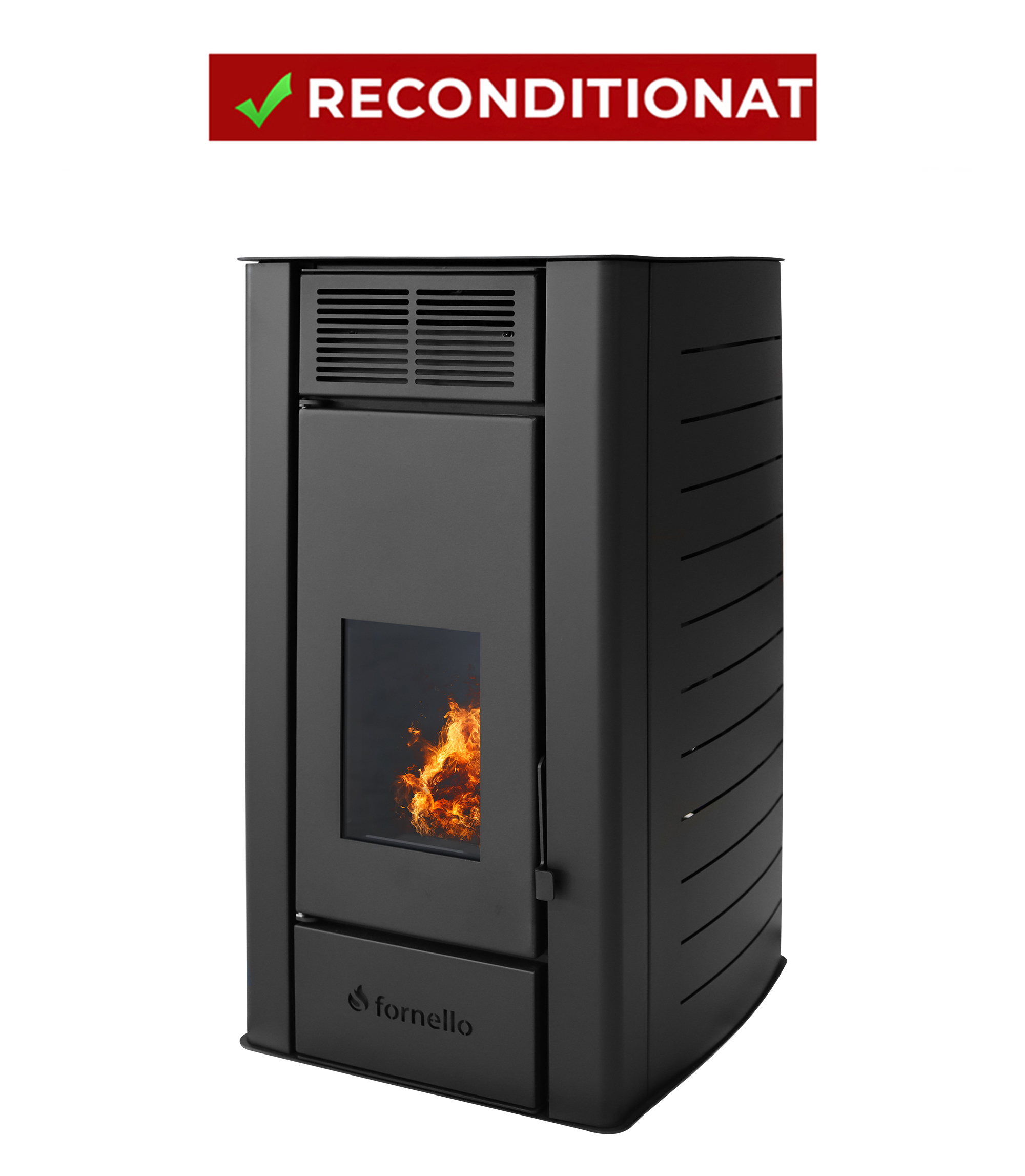 PRODUS RECONDITIONAT IN PERFECTA STARE DE FUNCTIONARE 9219 !!! Termosemineu centrala pe peleti Fornello SERENA W25 25 kw complet echipat cu pompa de circulatie vas de expansiune supapa siguranta telecomanda culoare Black arzator peleti din fon